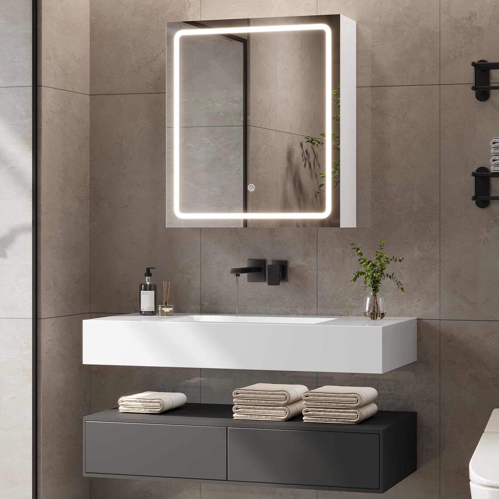 KIMENICH Bathroom Wall-Mounted Mirror Cabinet with Led Lights, Adjustable Shelf, LED Bathroom Cabinet with Mirror, 3 Colour Temperature Dimmable, Touch Sensor Switch, 50X60X16 cm, White
