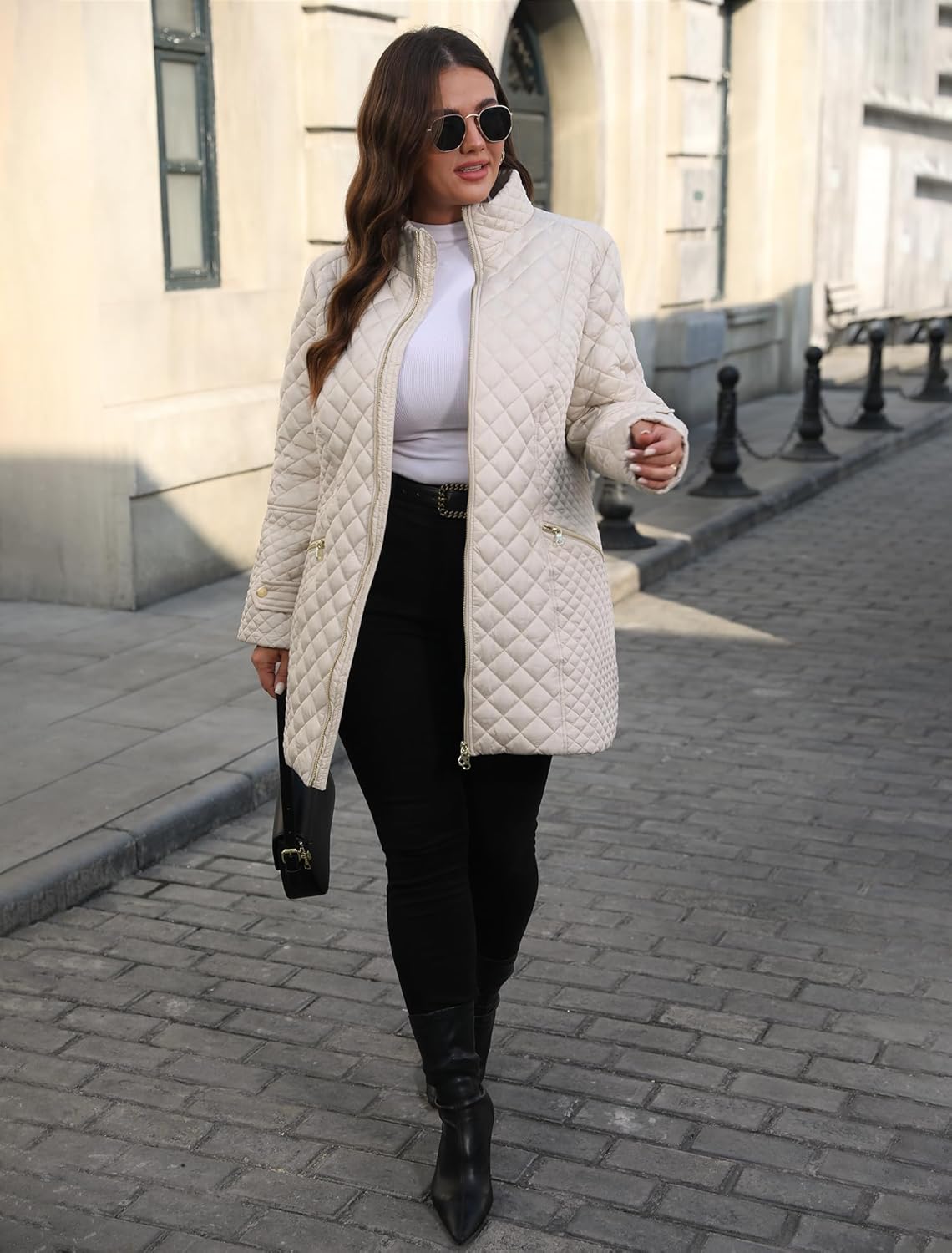 Women's Plus Size Long Quilted Jackets Diamond Quilted Lightweight Jacket Stand Collar for Spring Fall - Image 6