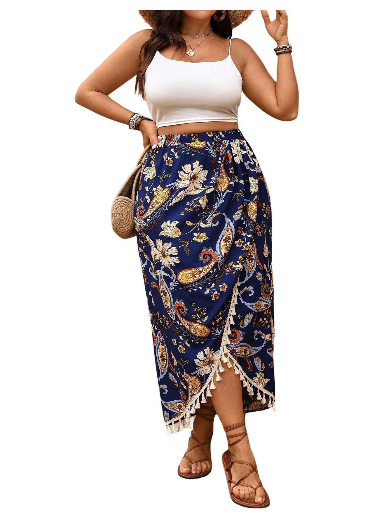 Womens Plus Size Paisley Maxi Skirt Boho Tassel Wrap Asymmetrical Split Thigh Skirts