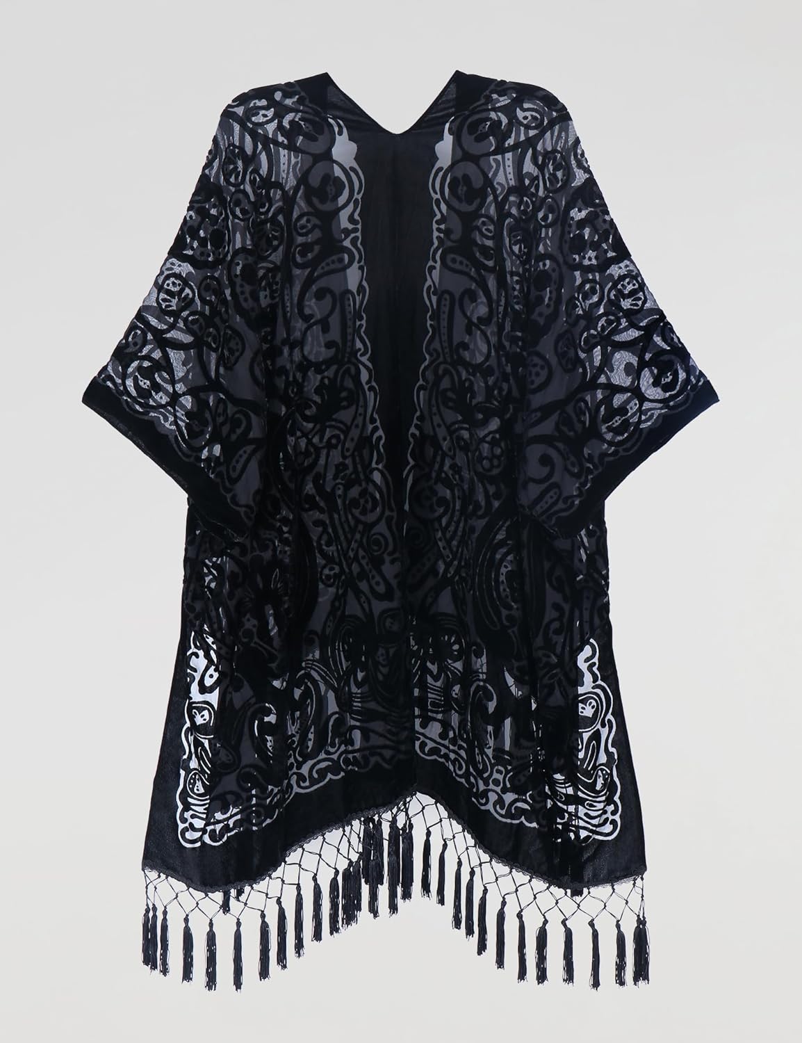 Women's Burnout Velvet Kimono Long Cardigan Cover Up With Tassel - Image 2
