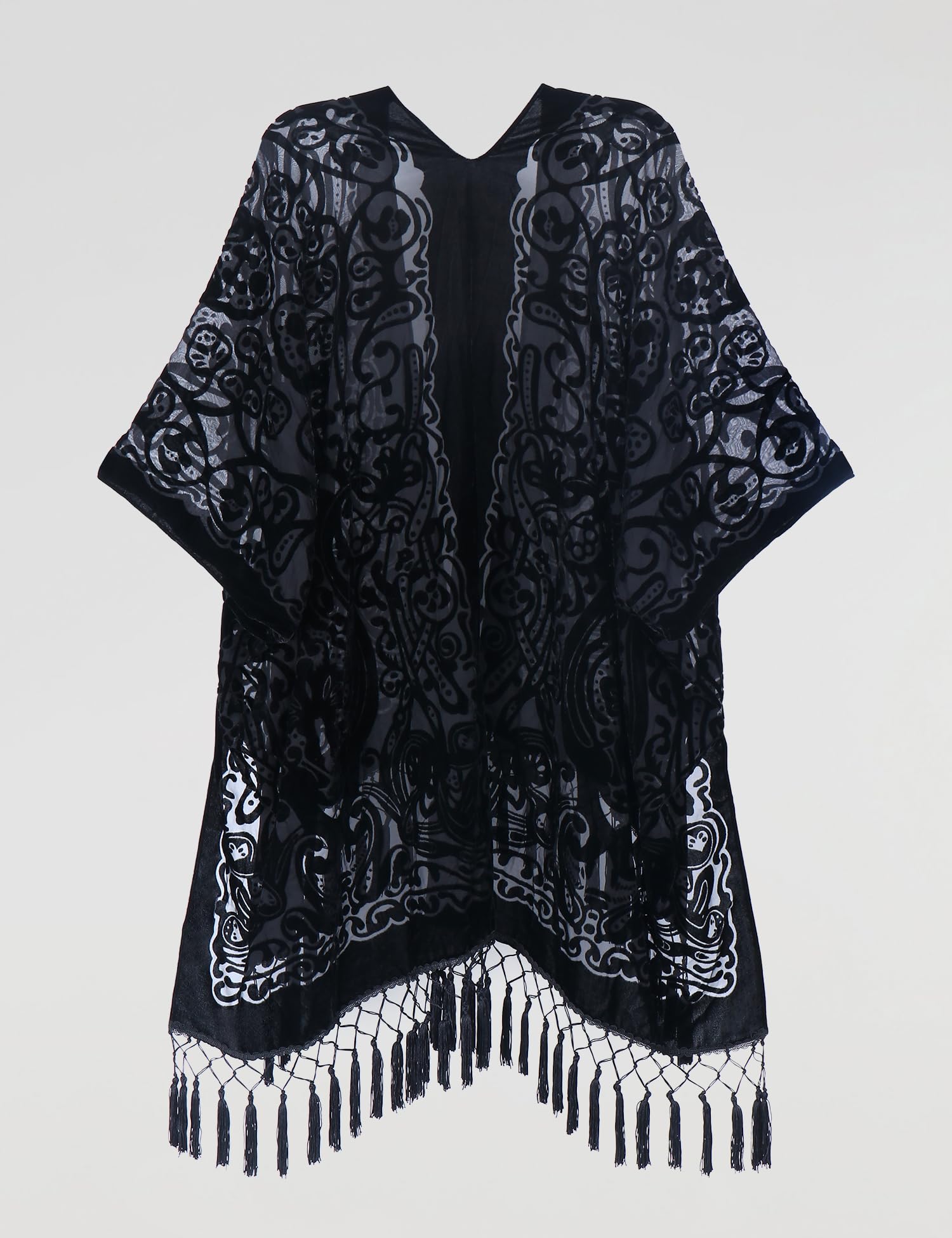 MJ SERECA Langer Kimono-Cardigan aus Burnout-Samt für Damen mit Bommel Schwarz-2