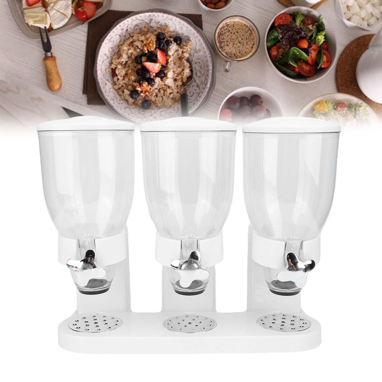 Dispenser per Alimenti Triplo, Dispenser per Alimenti Secchi in Plastica, Dispenser per Cereali da Banco, Contenitore per Cereali da Banco, Contenitore per Snack per Chicchi di (WHITE)