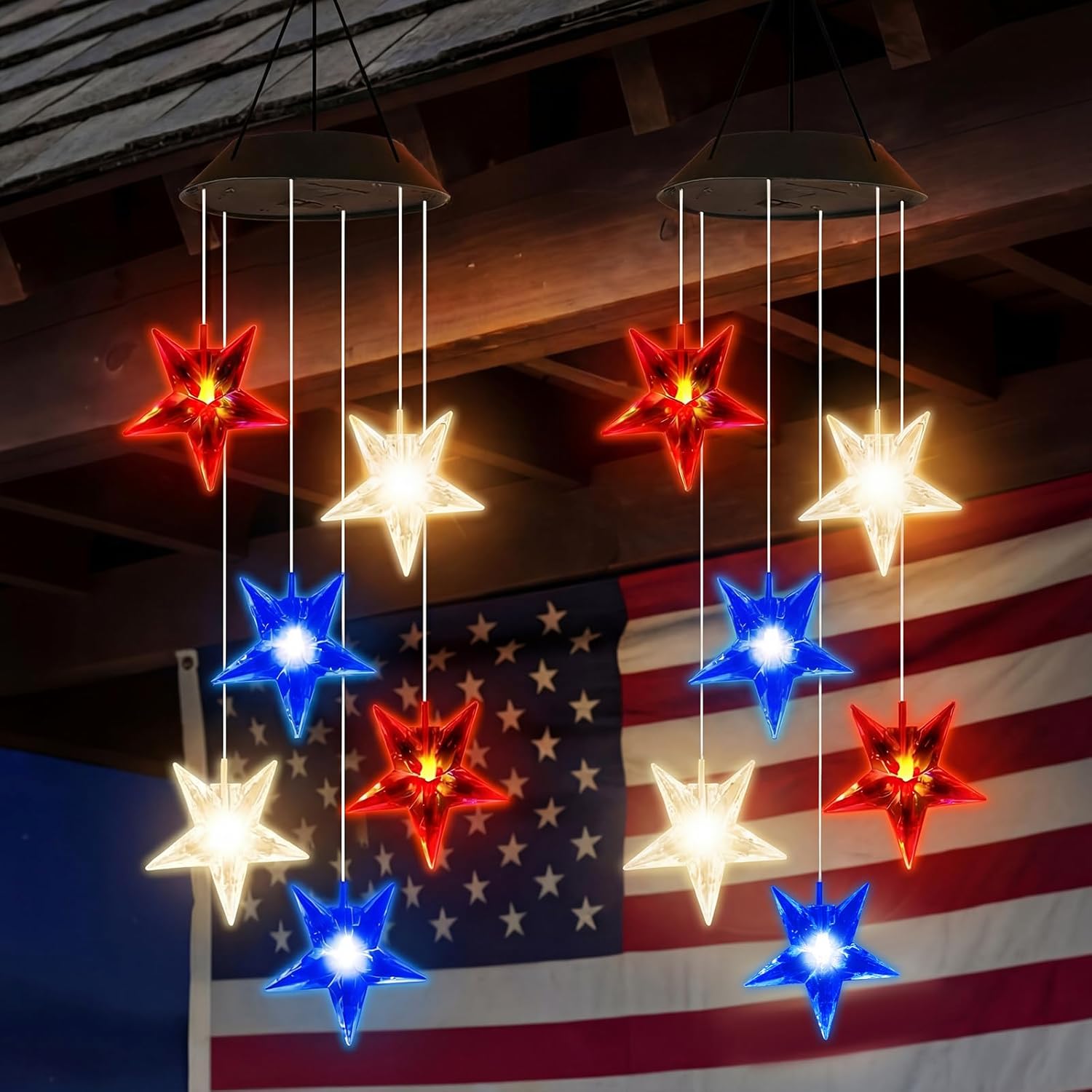 Gerrii 2 Pcs Memorial Day Solar Star Wind Chimes Red White Blue Lights for Outside Mobile Wind Chime Star LED Light Memorial Gifts for Patriotic 4th of July Independence Garden Patio Yard Porch Decor