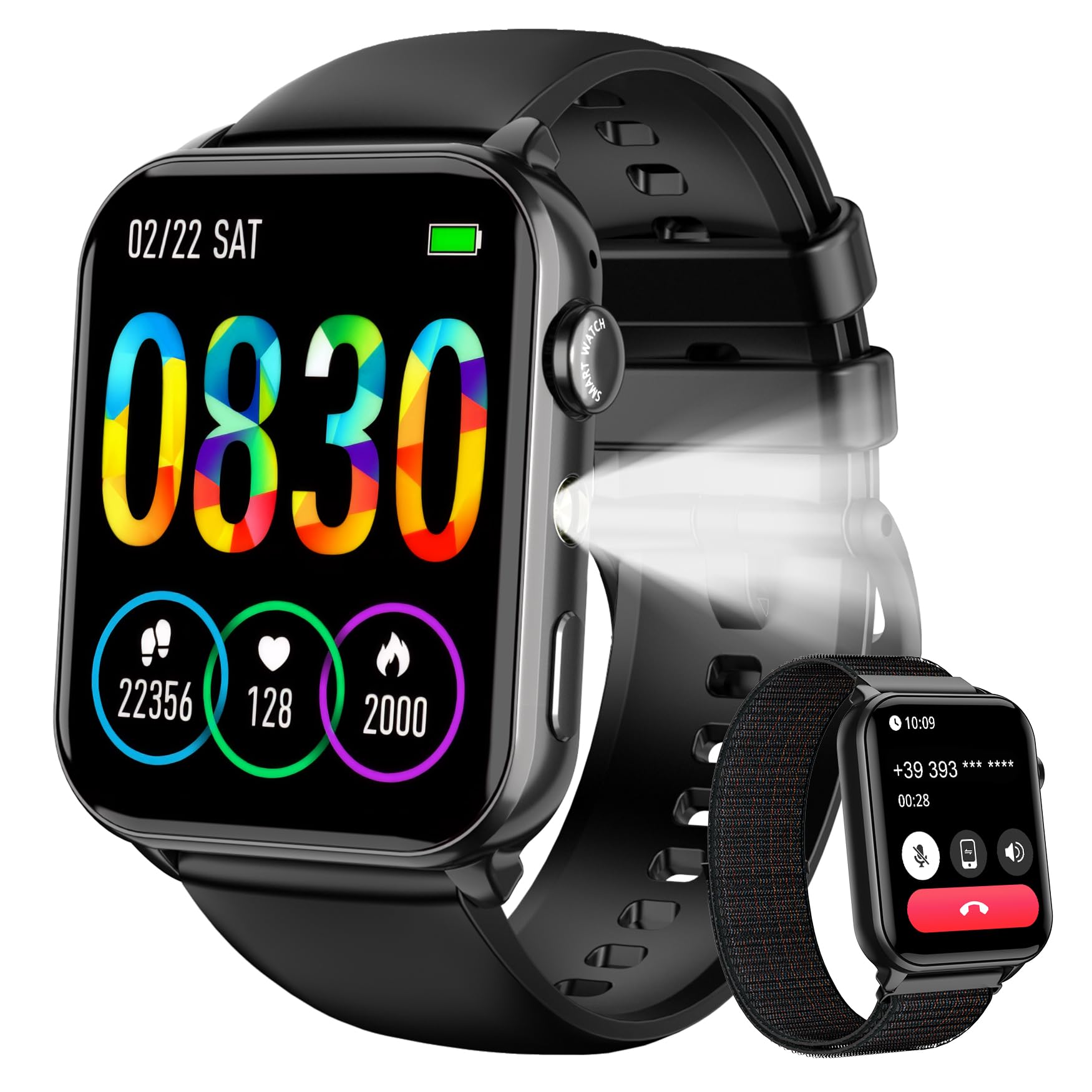 IOWODO Smartwatch Uomo Donna con Chiamate Bluetooth | 1.91" Orologio Fitness con SpO2/ Sonno, 24H Cardiofrequenzimetro, 100 modalità Sportive, Torcia LED, IP68, 2 Cinturini