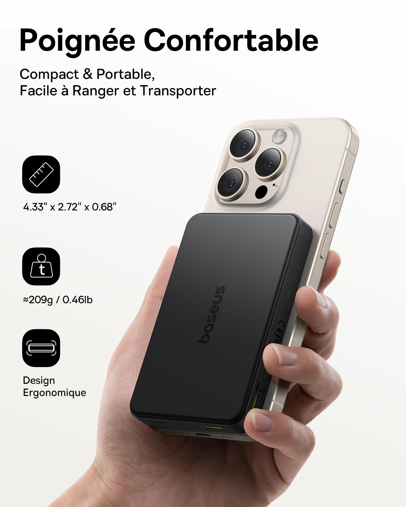 Baseus Magsafe Powerbank, Certifié Qi2 Batterie Externe Magnétique 10000mAh, 15W Power Bank sans Fil, Powerbank USB-C PD 22.5W, Batterie Externe pour iPhone 17/16/15/14/13/12, Noir