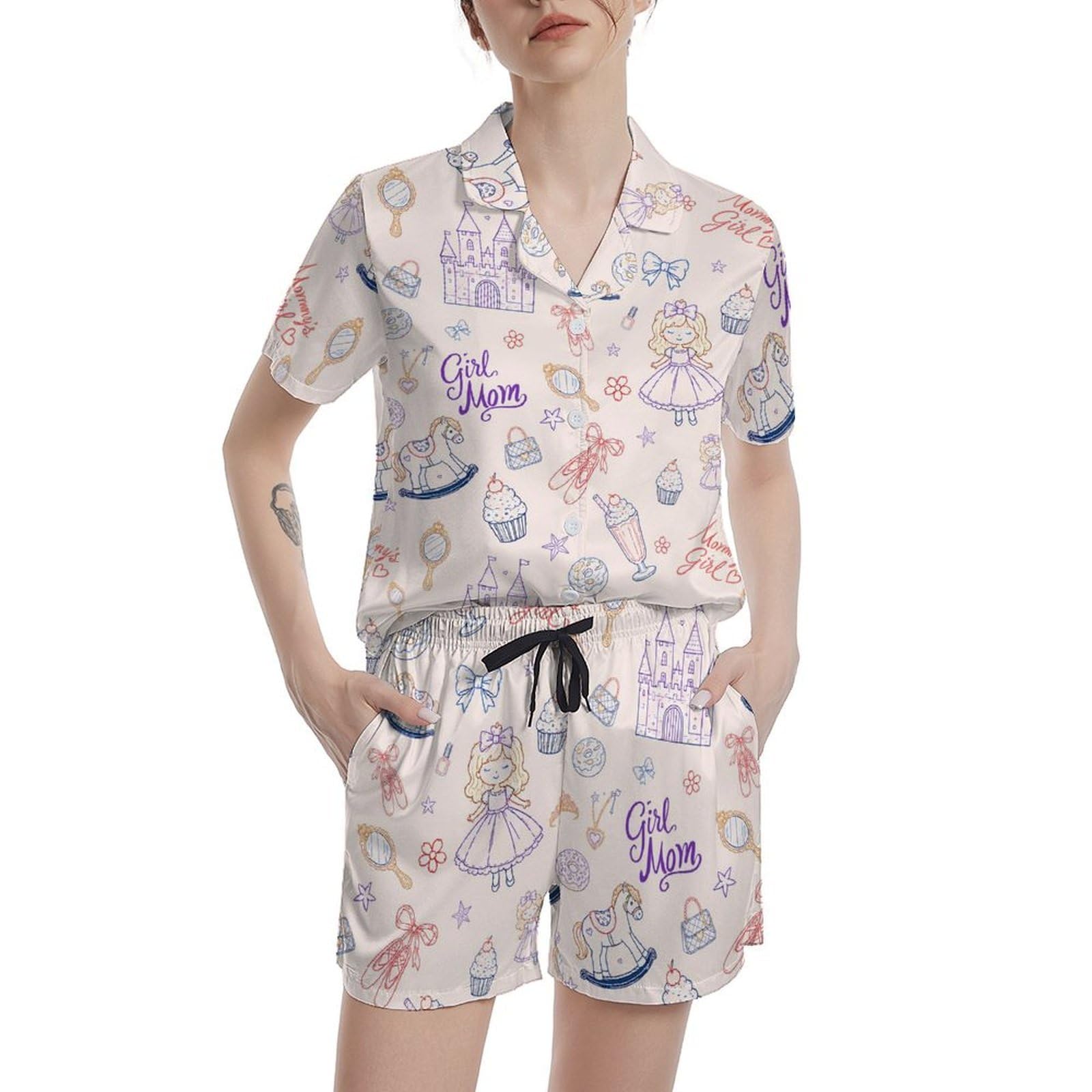 Funny Pajamas for Women Set Print Satin Loungewear Pjs Short Sleeve Button Down Top and Shorts Sets Sleepwear XS-3XL