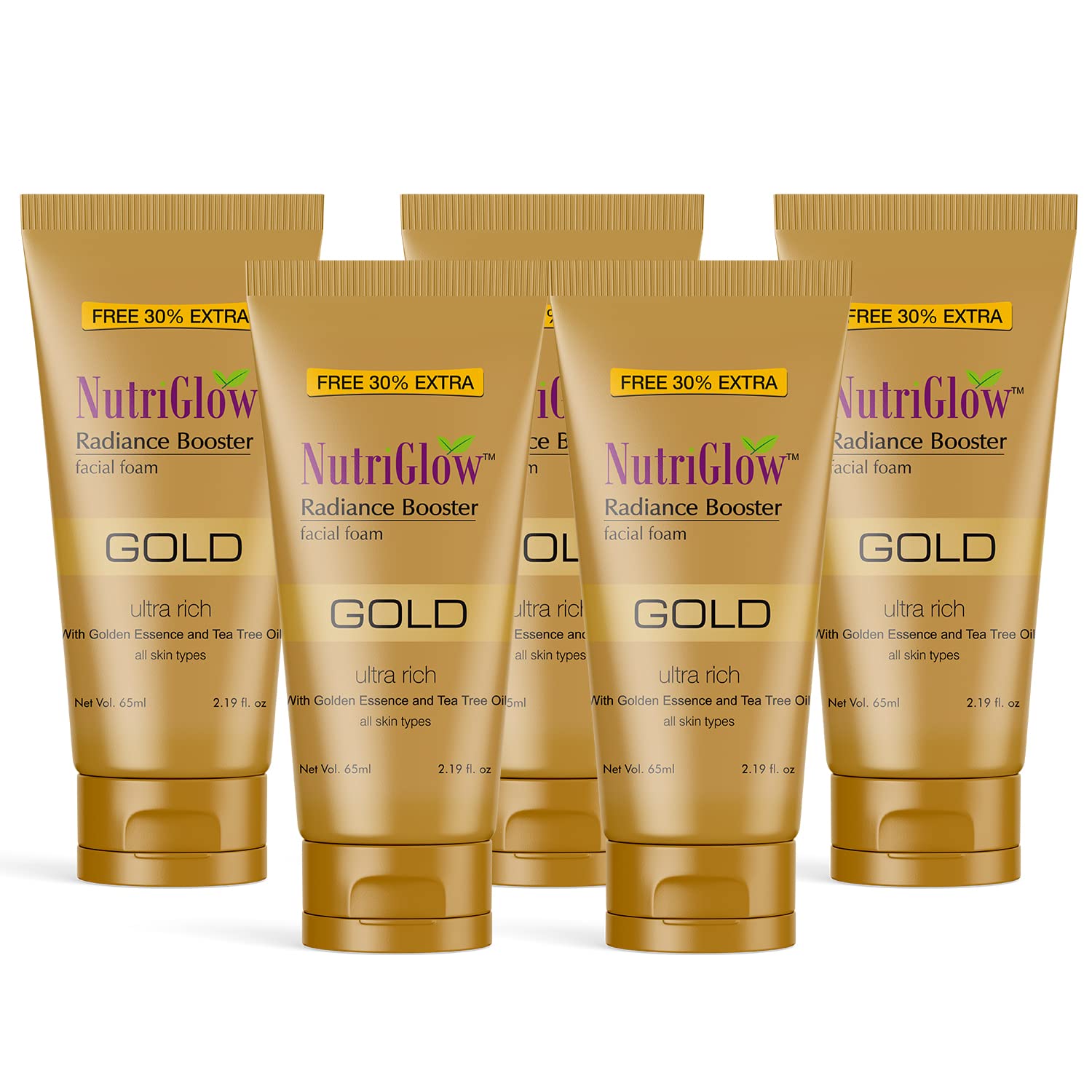 NutriGlow Gold Radiance Booster Foam Face Wash For Nourished & Hydrated Skin, Reduce Dark Spot & Blemishes, All Skin Types, 65ml Each, Pack Of 5