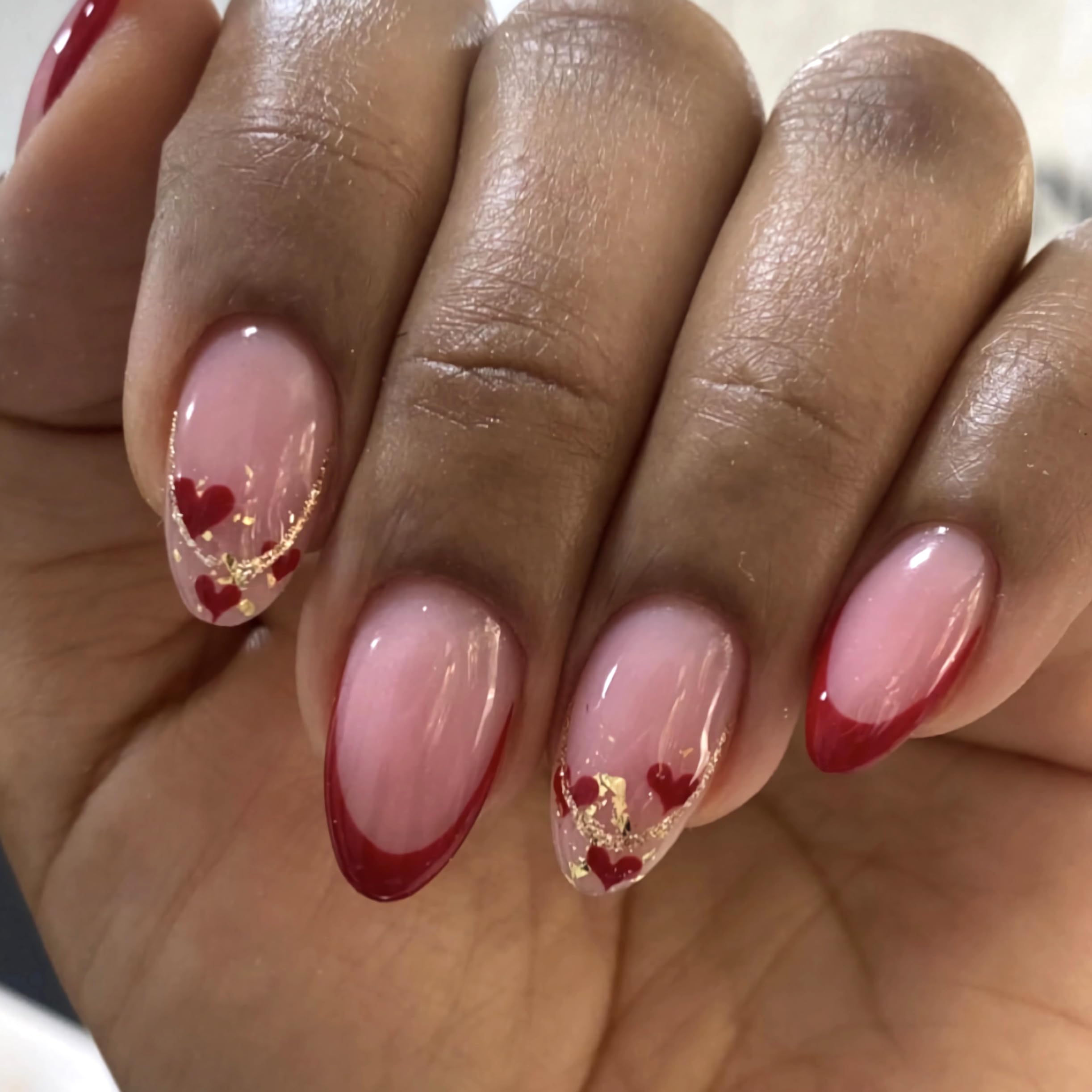 MERVF Valentines Red French Tip Press on Nails Medium Almond Fake Nails Red Heart Glue ons with Gold Glitter Design Acrylic Stiletto False Nail Glossy