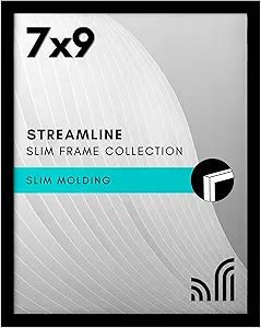 Americanflat 7x9 Picture Frame with Shatter-Resistant Glass - Streamline Collection - Thin Border Photo Frame for Tabletop and Wall Display - Hanging Hardware and Easel Stand Included - Black