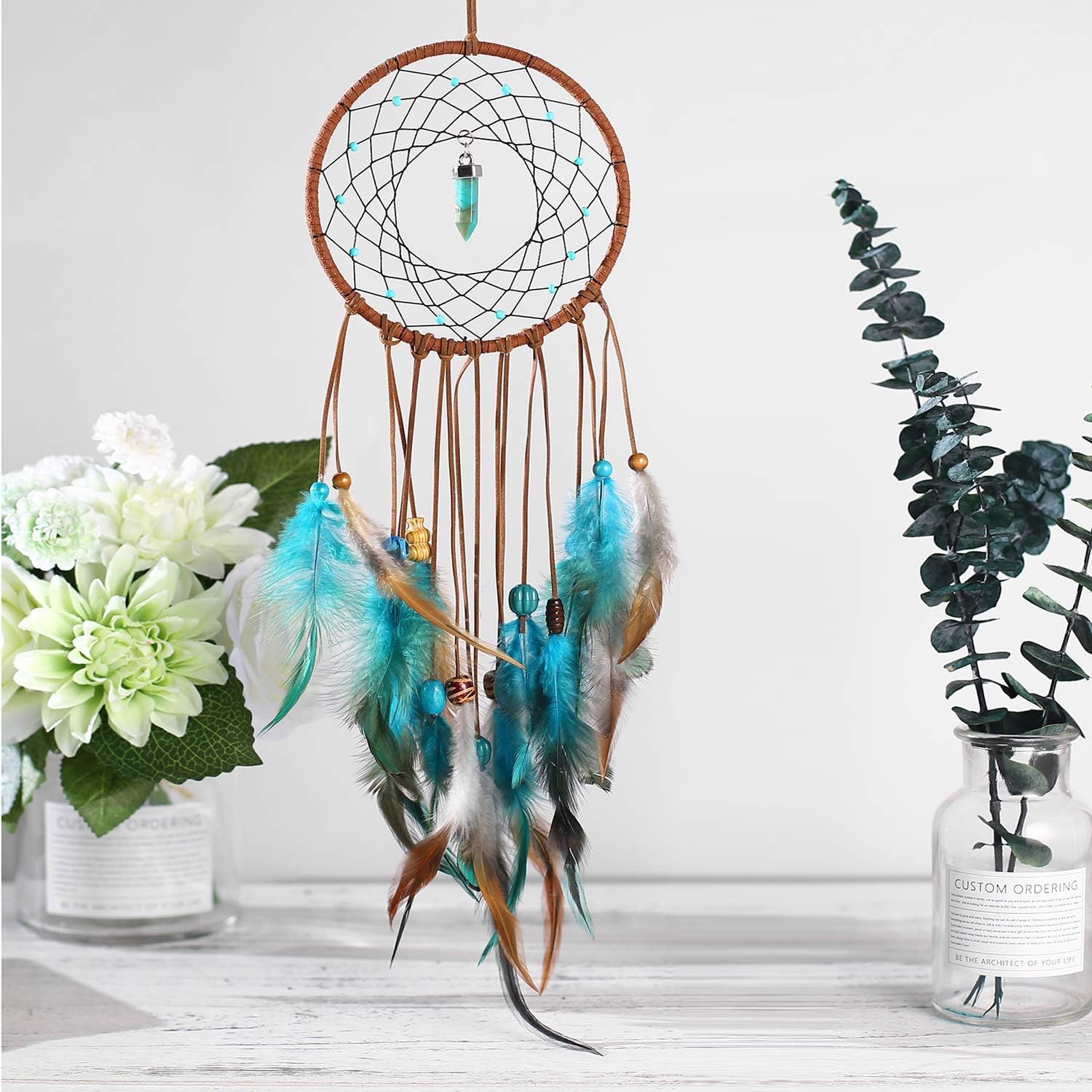 AWAYTR Dream Catchers Wall Decor - Feather Dream Catcher Room and Bedroom Decoration Hanging Ornament for Home Decor Gift (Blue&Green)