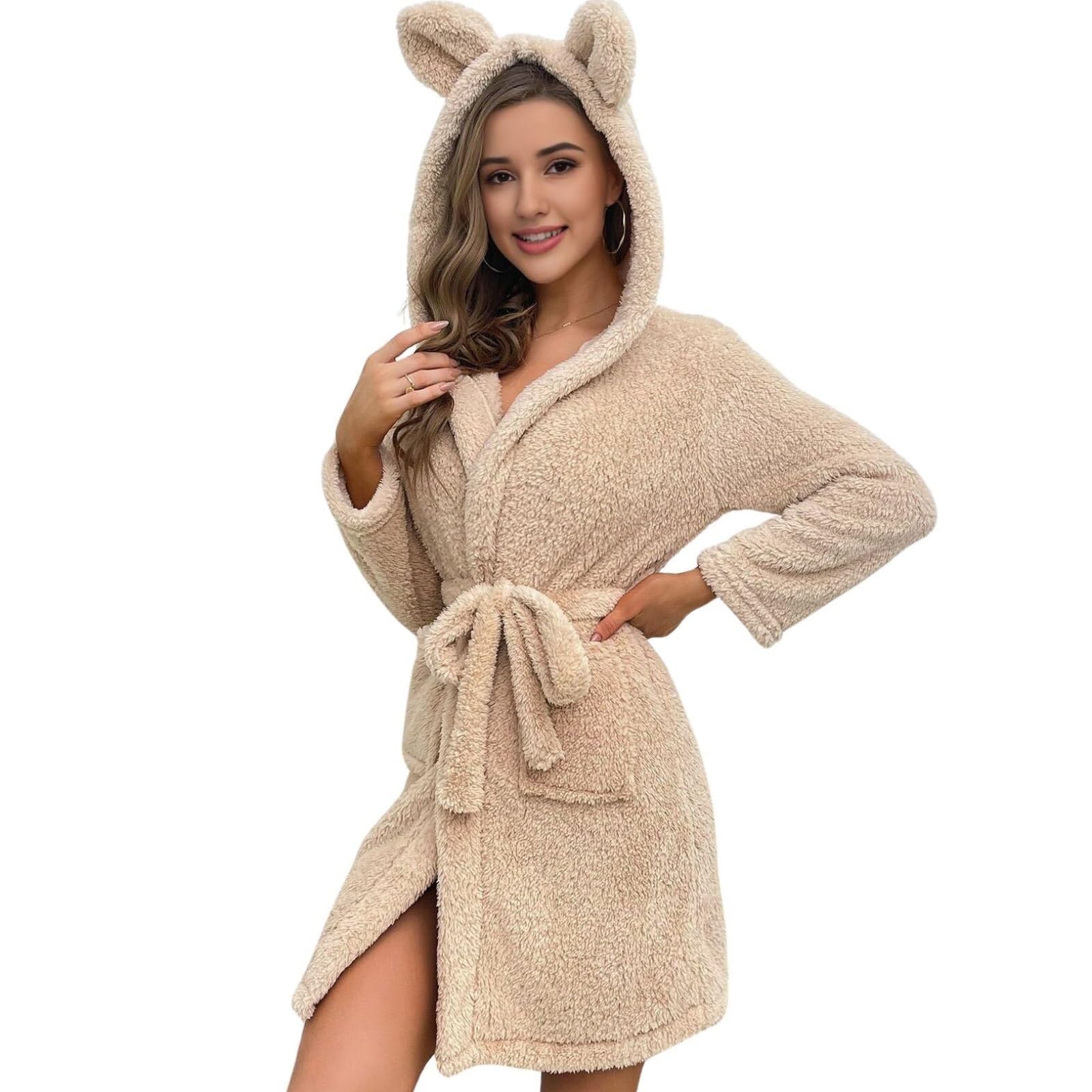 Accappatoio da donna di media lunghezza, kimono felpato con cintura, cappuccio e tasche