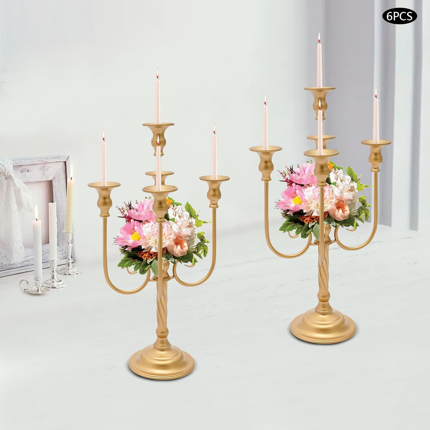 6Pcs 5-Arm Candelabra Centerpieces for Wedding, 20 Inch Tall Metal Candle Holder Candlestick Stand with 5.5in Round Base for Wedding Party Dinner Table Event, Gold