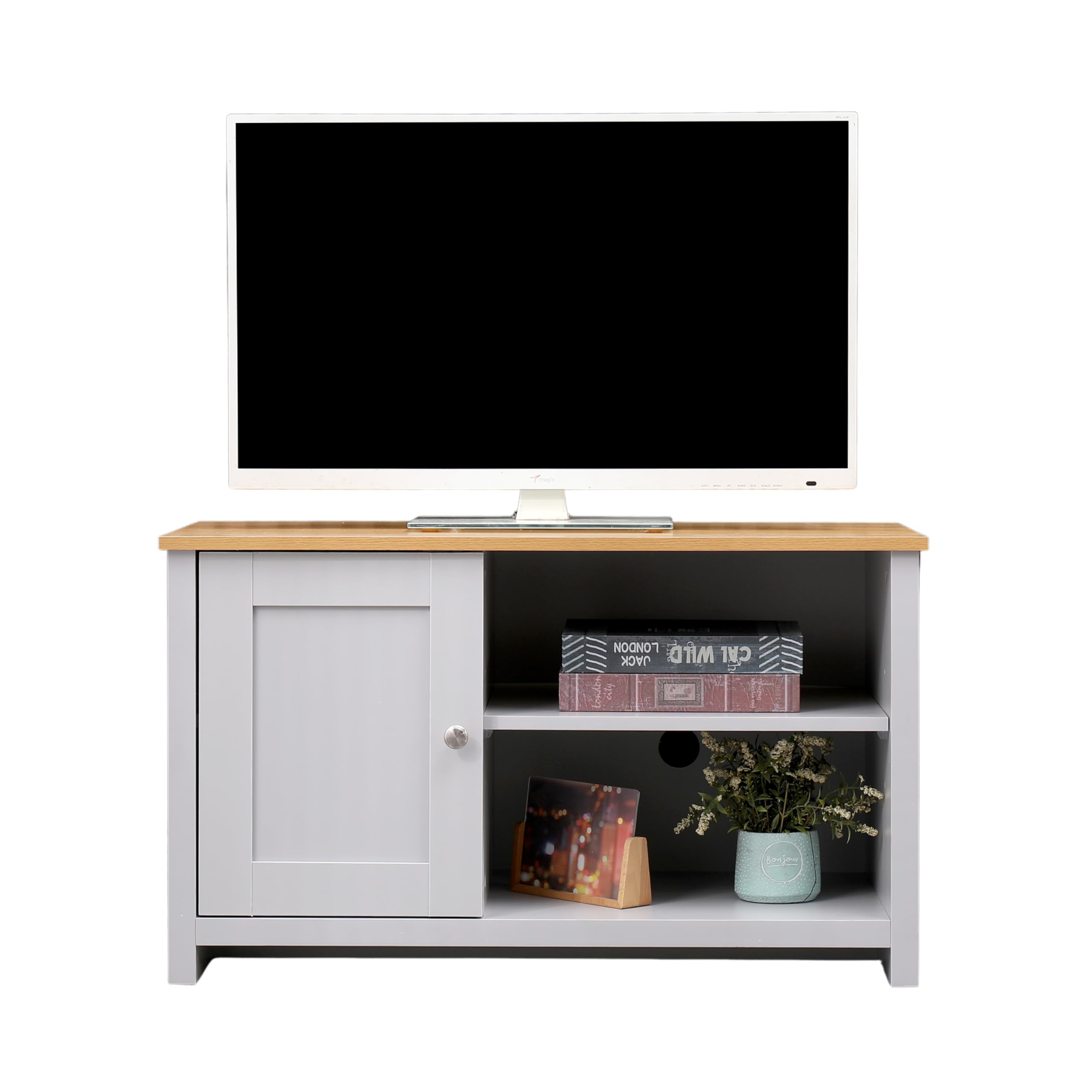 FUSIDE Modern TV Stand Unit with 1 Door and Adjustable Shelves 85cm Media Console for up to 50 inch TVs,Storage Cabinet & Oak Top, White/Grey (Grey+Oak)