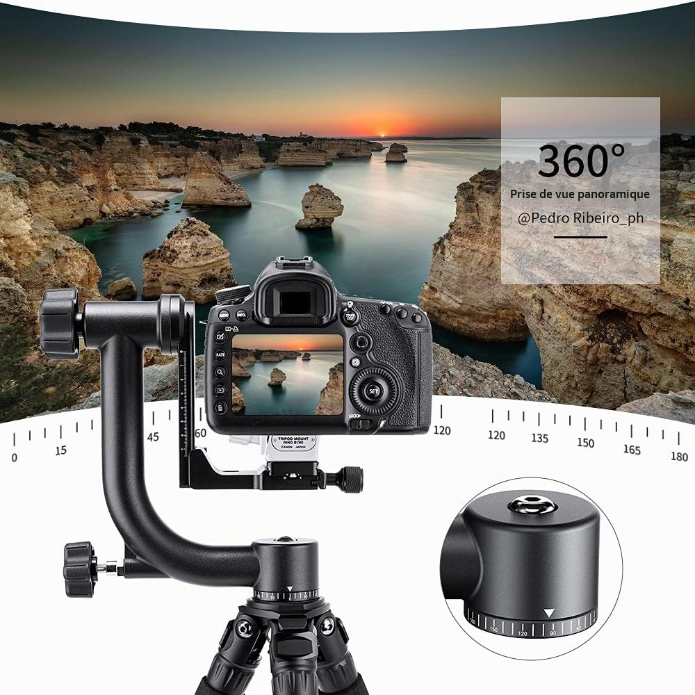 K&F Concept Tête de Trépied Panoramique 360° en Aluminium Plaque Rapide Standard 1/4" et Niveau à Bulle, Plage de Levage 70mm Charge 20KG pour Caméra Appareil Photo Reflex Numérique DSLR
