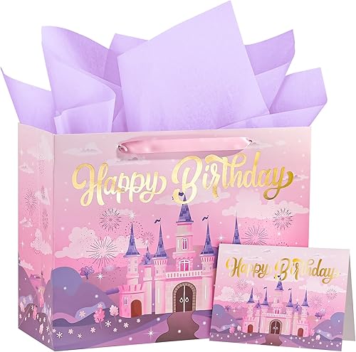 Miniatura 15 de WRAPAHOLIC Bolsa de regalo de cumpleaños grande de 13 pulgadas con tarjeta y papel de seda, adorable unicornio con lámina plateada holográfica