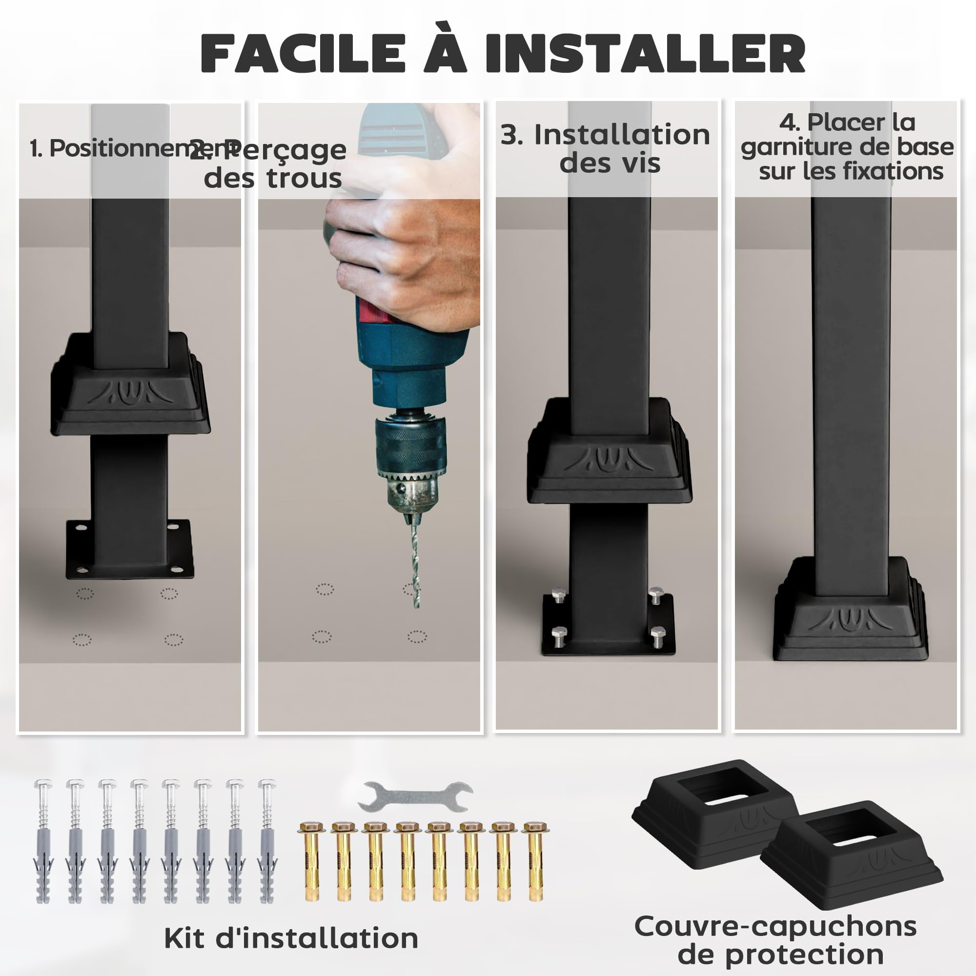 Outsunny Rampe d'Escalier Extérieure pour 1 à 3 Marches Main Courante Noir | avec Kit d'Installation, Rampe d'Escalier en Métal pour Porche, Bois et Béton, Style Campagne