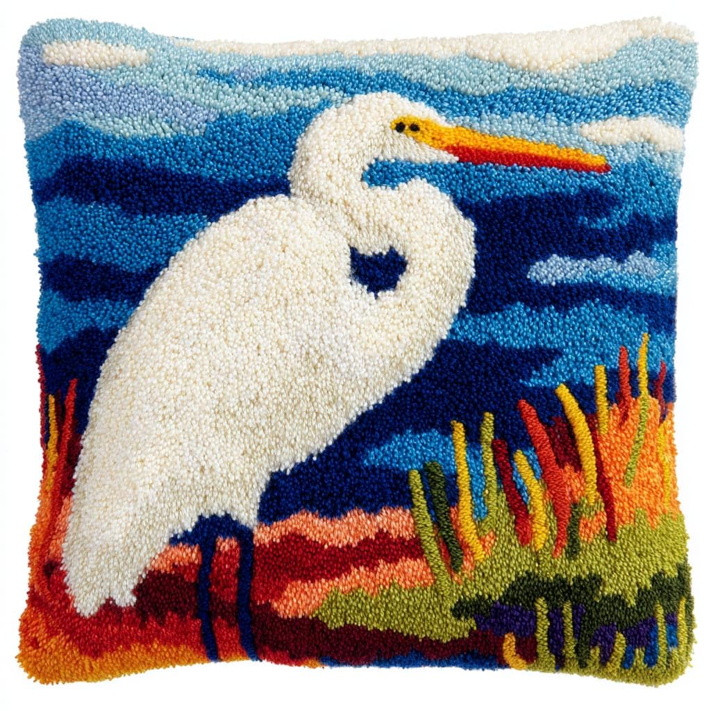 Taxpy DIY Latch Hook Kits, Animal egret Cushions Pillow Case Embroidery Carpet Set Needlework Crocheting Cushion Embroidery Set 43x43cm