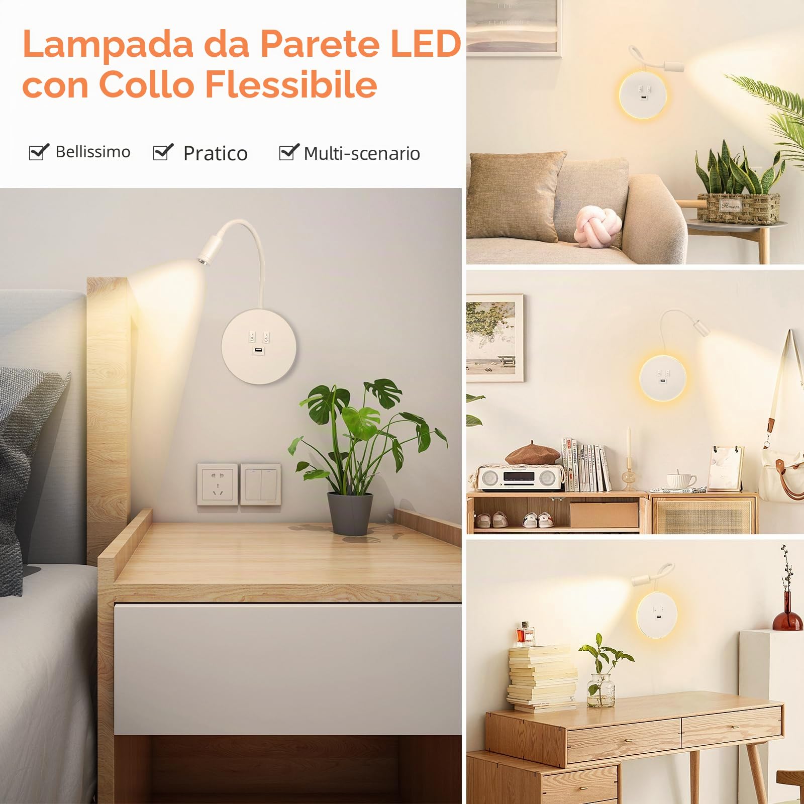 Weigudoc Lampada da Parete a LED Lampada a Collo di Cigno Flessibile, 2 Pezzi Faretto da Lettura a Muro 3W + 9W, Applique da Letto con Porta di Ricarica e Interruttore (Bianco)