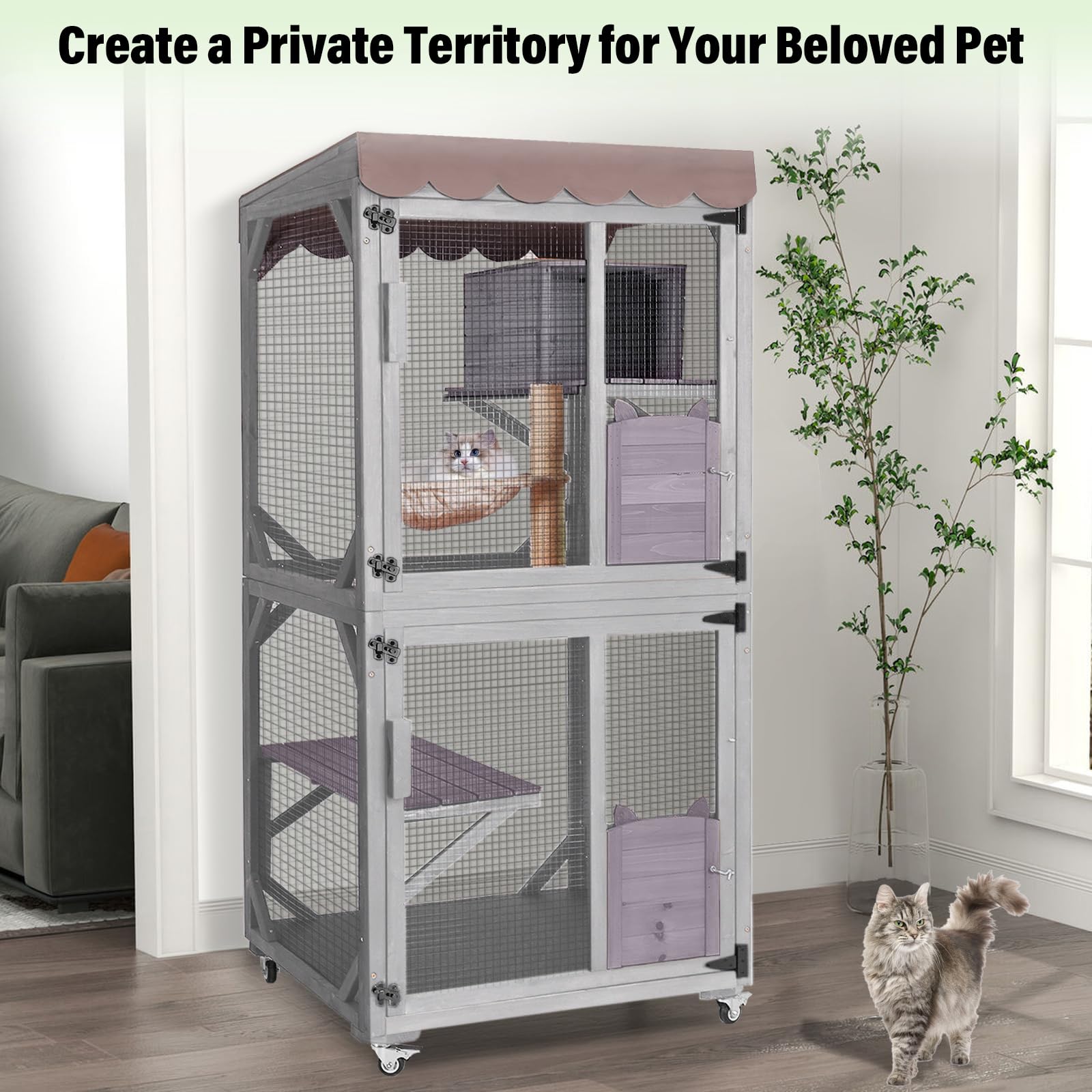 Seiyierr Catio - Jaula para gatos de 66 pulgadas H con ruedas, techo impermeable, estilo rascador y hamaca, jaula para gatos al aire libre, capa de PVC (gris)