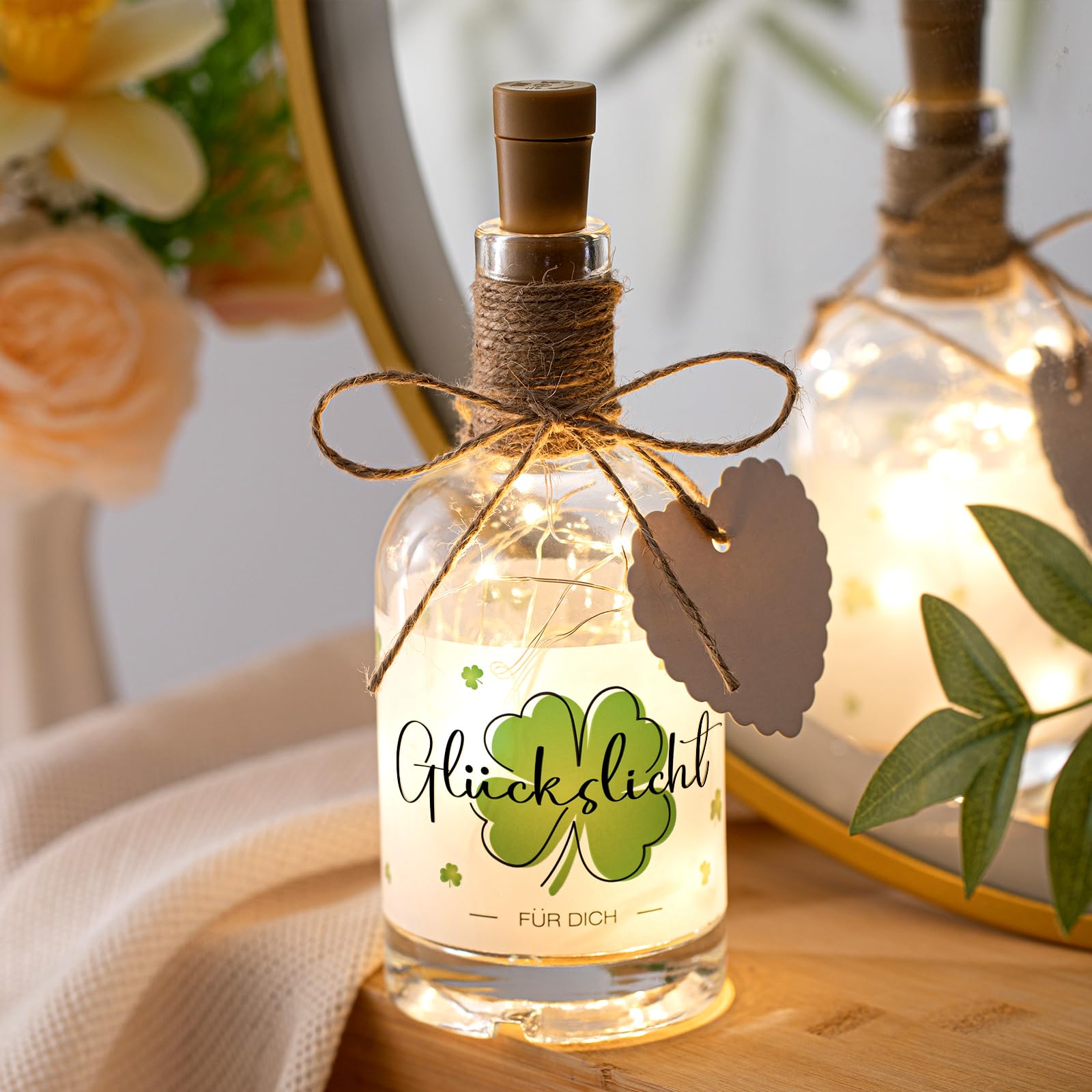 BBTO LED Flaschenlicht mit Spruch Glückslicht, Beleuchtete Dekoflasche mit Lichterkette als Geldgeschenke Verpackung, Dankeschön Geschenk Geburtstagsgeschenk für Frauen Freundin Hochzeit Ostern