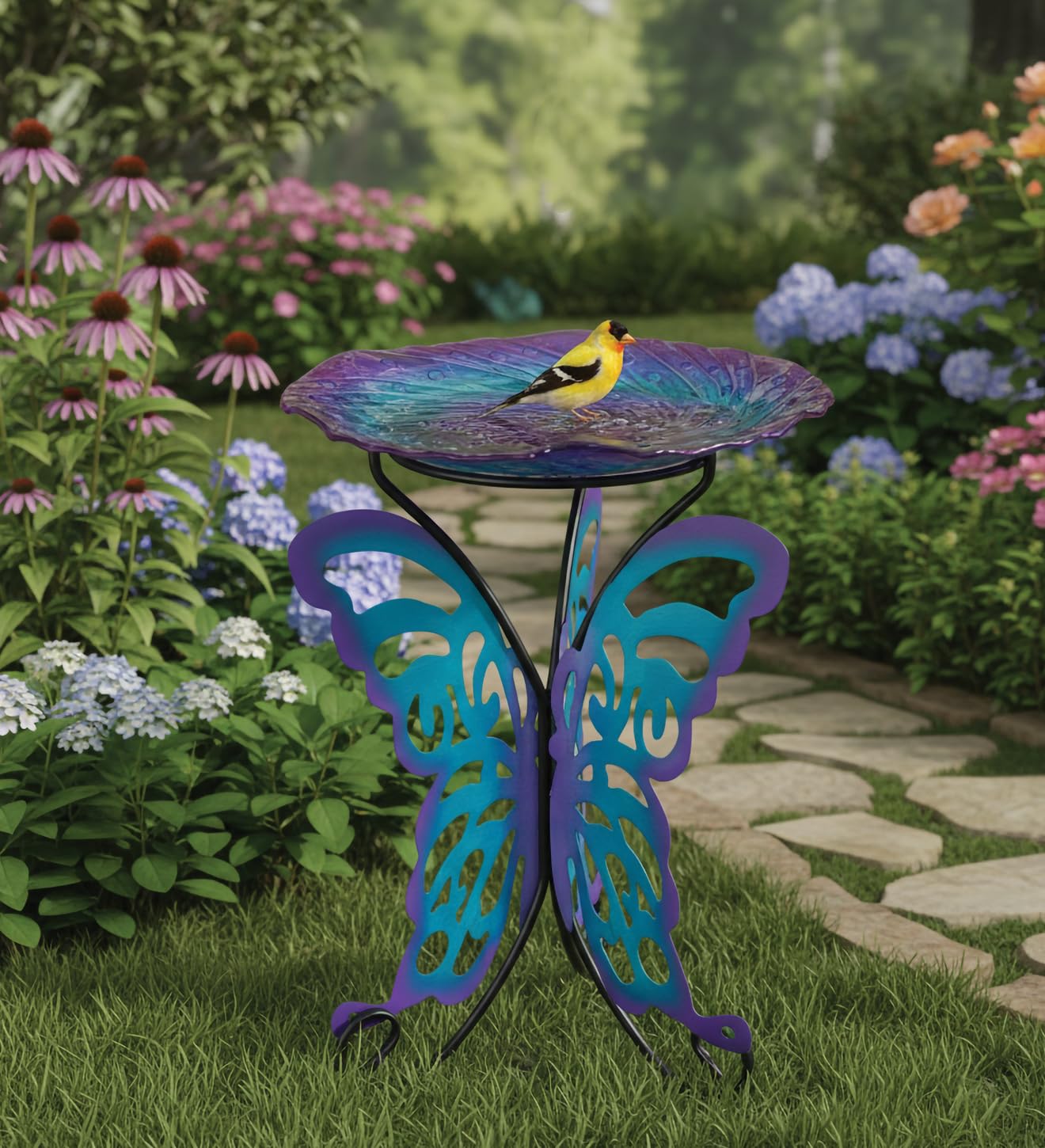 Regal Art & Gift Vogeltränke mit Ständer – langlebige Glasschale mit robustem Metallständer, leicht zu befüllen, ideal für Terrasse, Veranda und Gartendekoration – Schmetterling