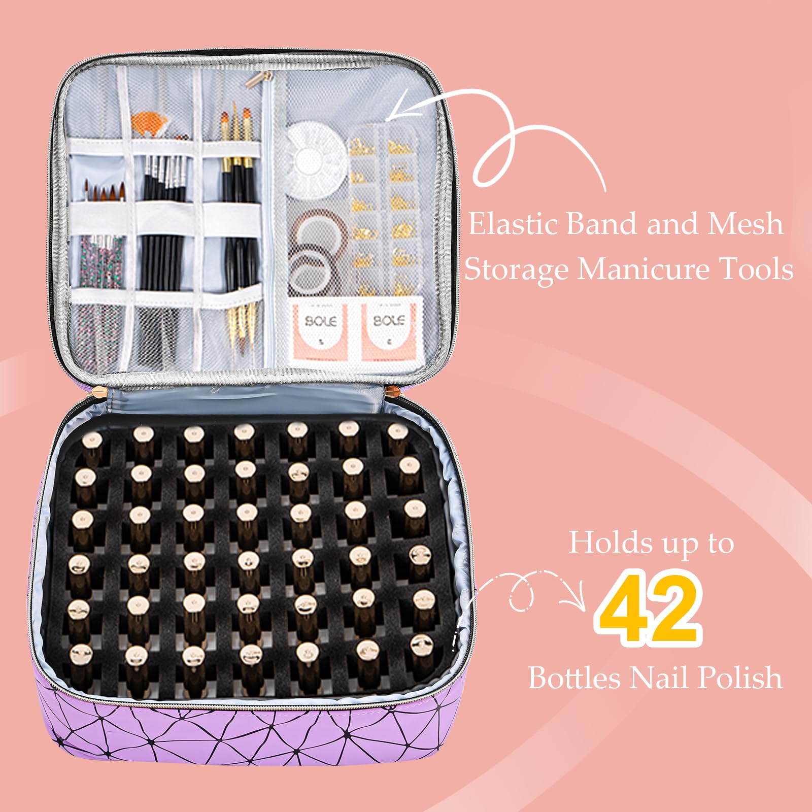 Uross Nail Polish Organizer Bag - Holds 42 Bottles & Lamp, Gel Polish Storage Box for Nail Tech Supplies Kit Case - Purple - Image 2