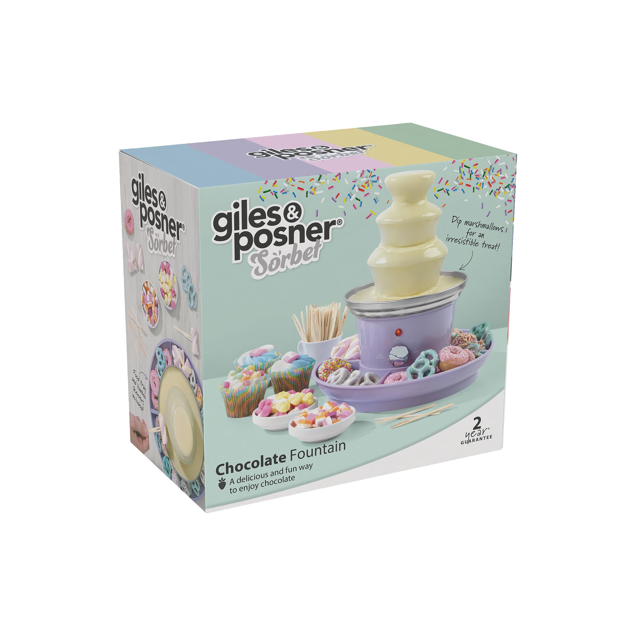 GILES & POSNER Mini-Schokoladenbrunnen – Elektrische 3-Stufen Maschine, Automatische Abschaltung, 0°C bis 50°C, Party Dip & Share, 2 Abnehmbare Serviertabletts, 500 ml, 100 Spieße Inklusive, 25 W