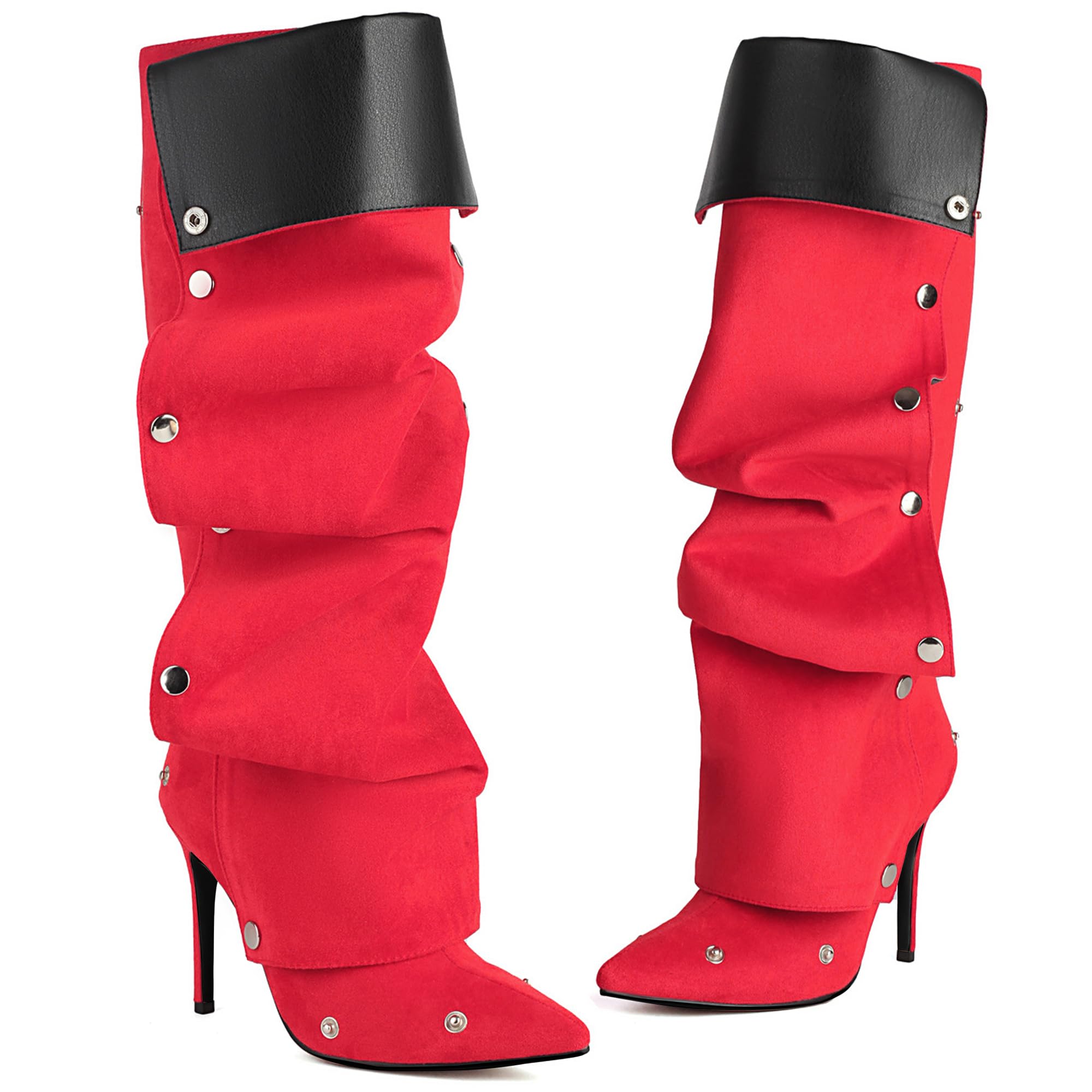 Lunhonk Women's Knee High Shark Boots Pointed Toe High Heels Ruched Stiletto Slouchy Party Boots Detachable Snap-off Panel