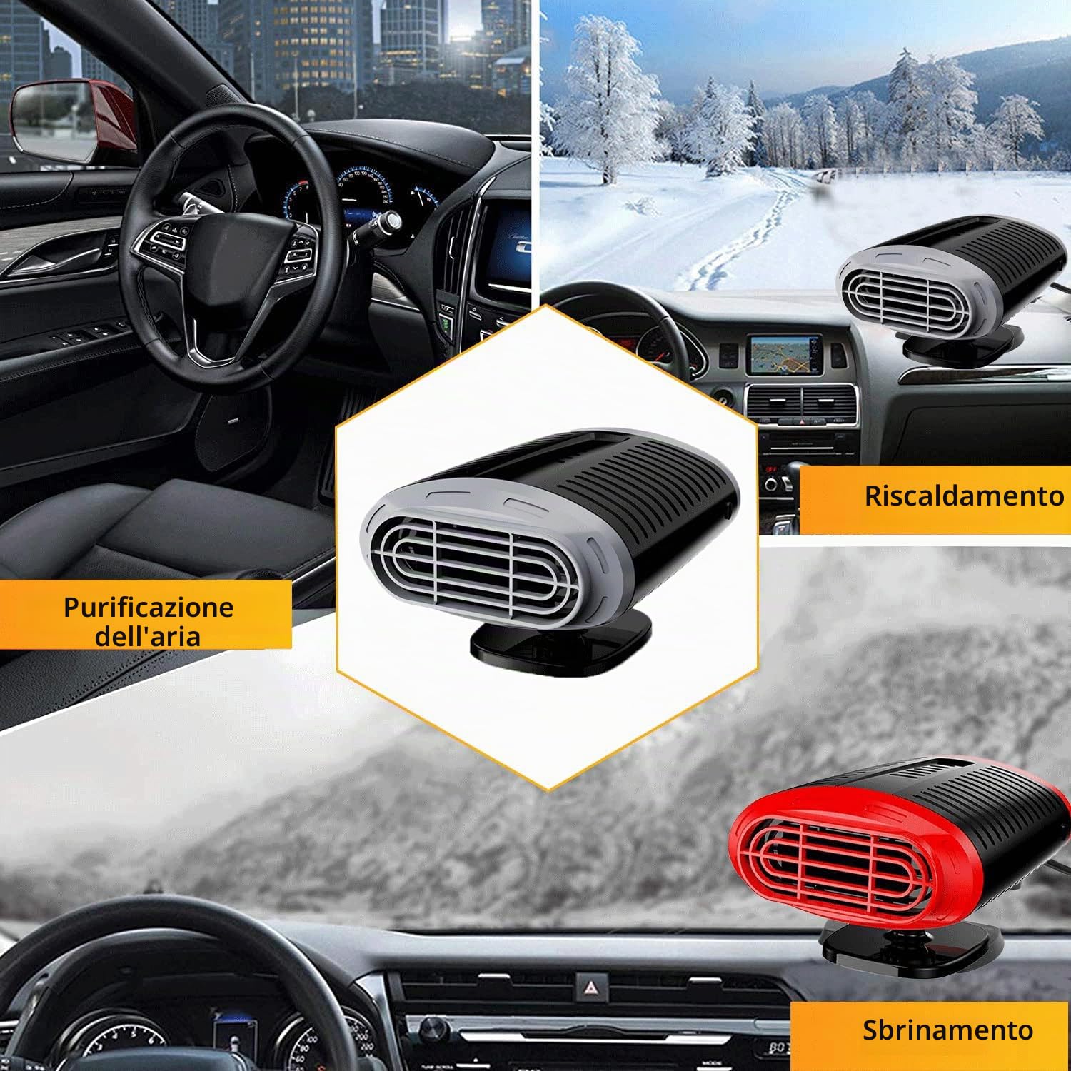Riscaldatore per auto, portatile, 12 V, 150 W, riscaldamento e sbrinatore con rotazione a 360°, 2 in 1, riscaldamento e disappannamento auto, con funzione di riscaldamento e climatizzazione, con presa