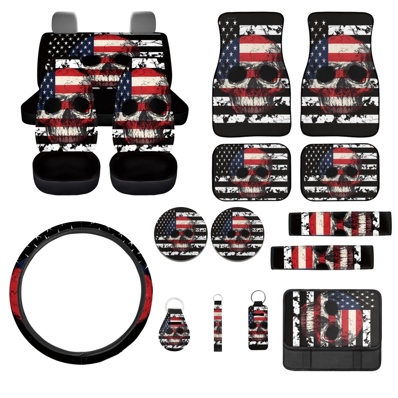 Skull Car Seat Cover Full Set with Floor Mats Steering Wheel Cover Seatbelt Pad Armrest Cover American Flag
