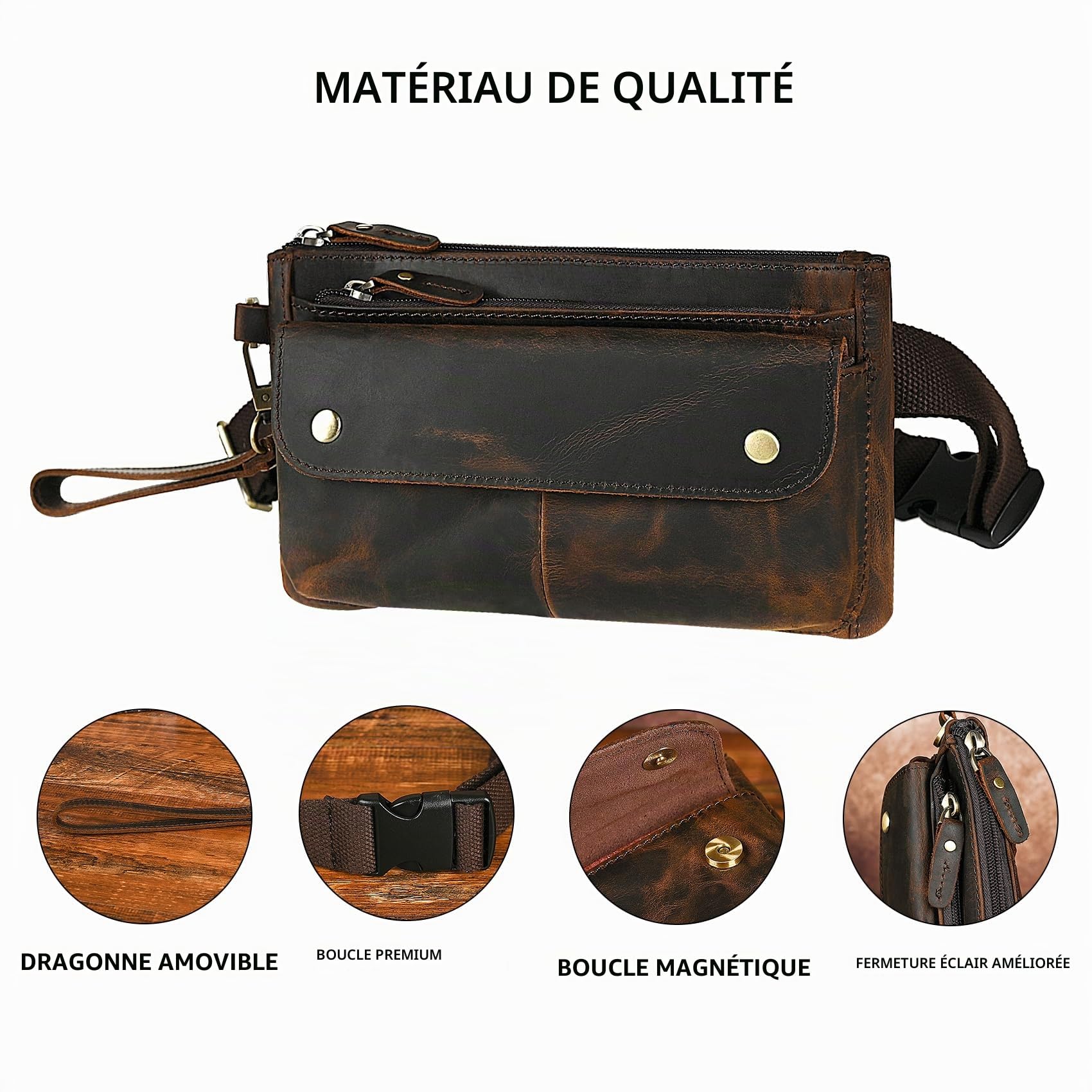 Sac Banane-Sac Ceinture- en Toile résistante à l'eau + Cuir pour randonnée, Voyage, Petite Pochette pour téléphone Portable pour Homme et Femme FB811-29 (100% Cuir - 8136 Marron)