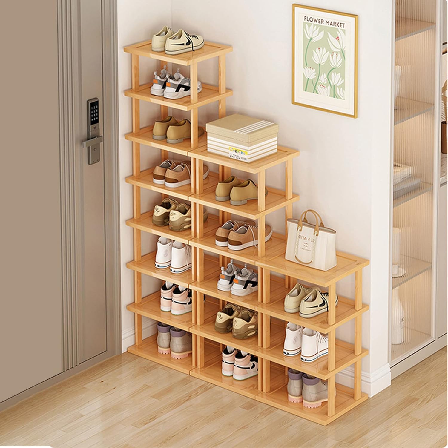 Bamboo Shoe Rack 17 Tier Vertical Shoe Rack for Small Spaces, Tall Narrow Shoe Rack