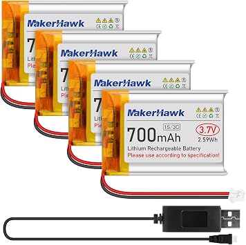 MakerHawk 3.7V Lipo Battery 700mAh Rechargeable Lithium Polymer Battery 603040 Micro Ph1.25 Connector Integrated Protection Circuit with USB Cable for Electronic Device 4 Pcs