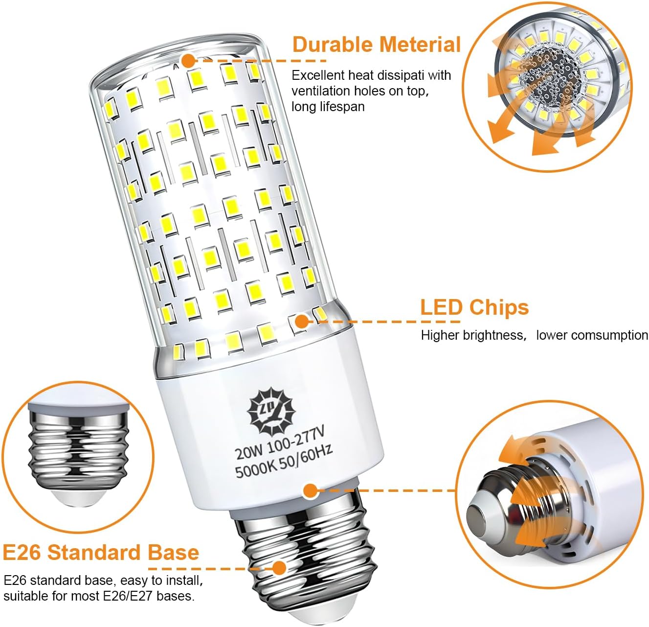 ZP 20W LED Light Bulb 4 Pack 4000Lumens 5000K E26/E27 Base image 3