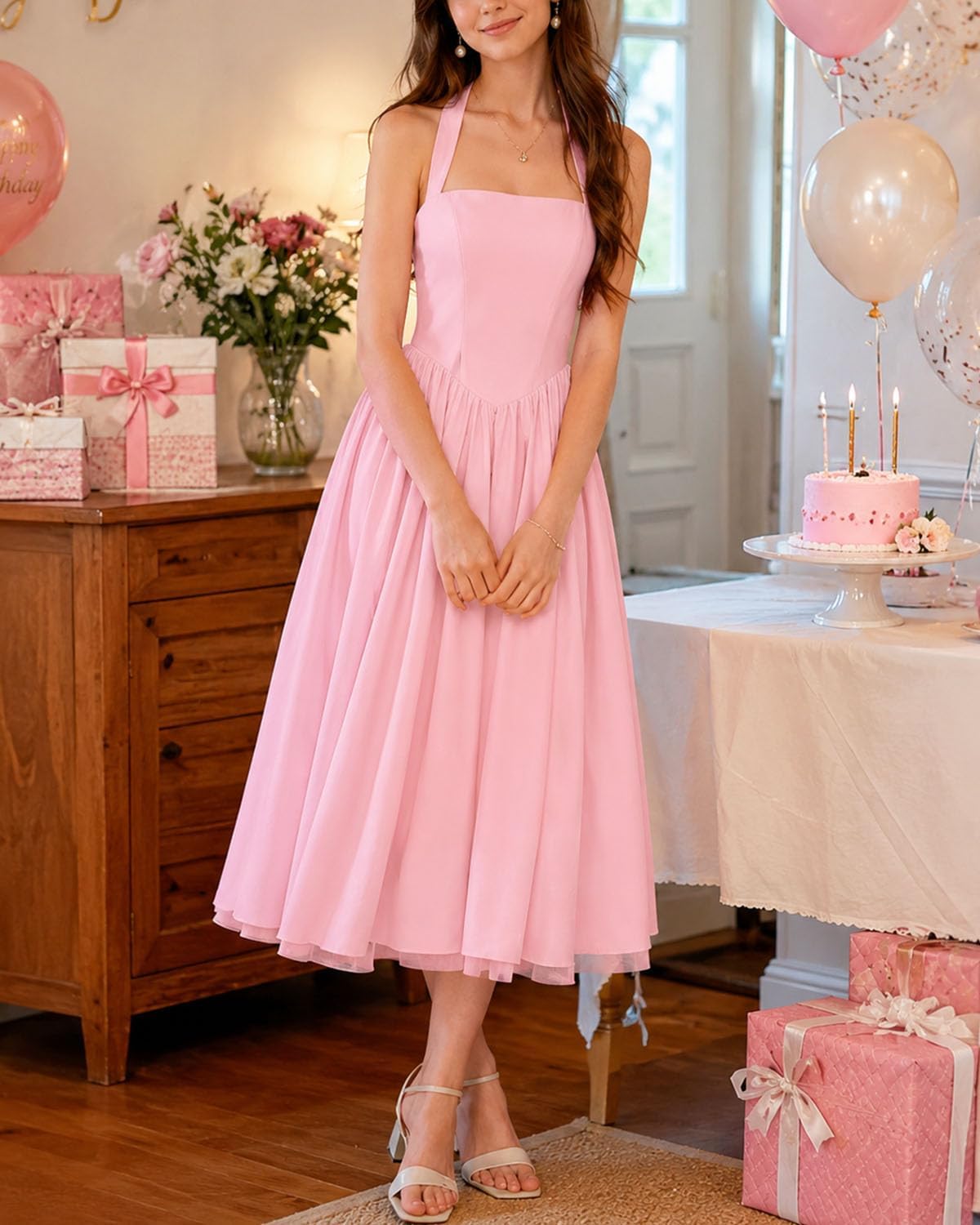Flower Girl Halter Square Neck Midi Dress Junior Bridesmaid Communion Wedding Gown for Big Girls Size 9-16