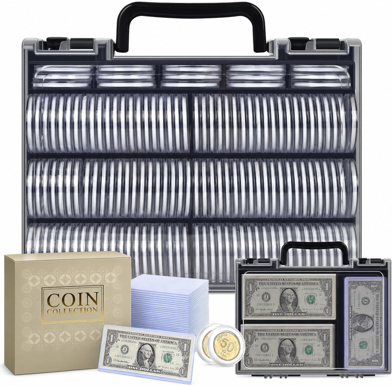 Caja organizadora para monedas con cápsulas y fundas miniatura 1