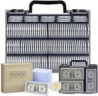FULLCASE Coins Collector Case Holder Coin Capsules 46mm with 6 Sizes Foam Gasket (141 Pcs), Hard Paper Currency Sleeves (20 Pcs), Soft Dollar Bill Sleeves (200 Pcs) Storage Organizer Box (Black)