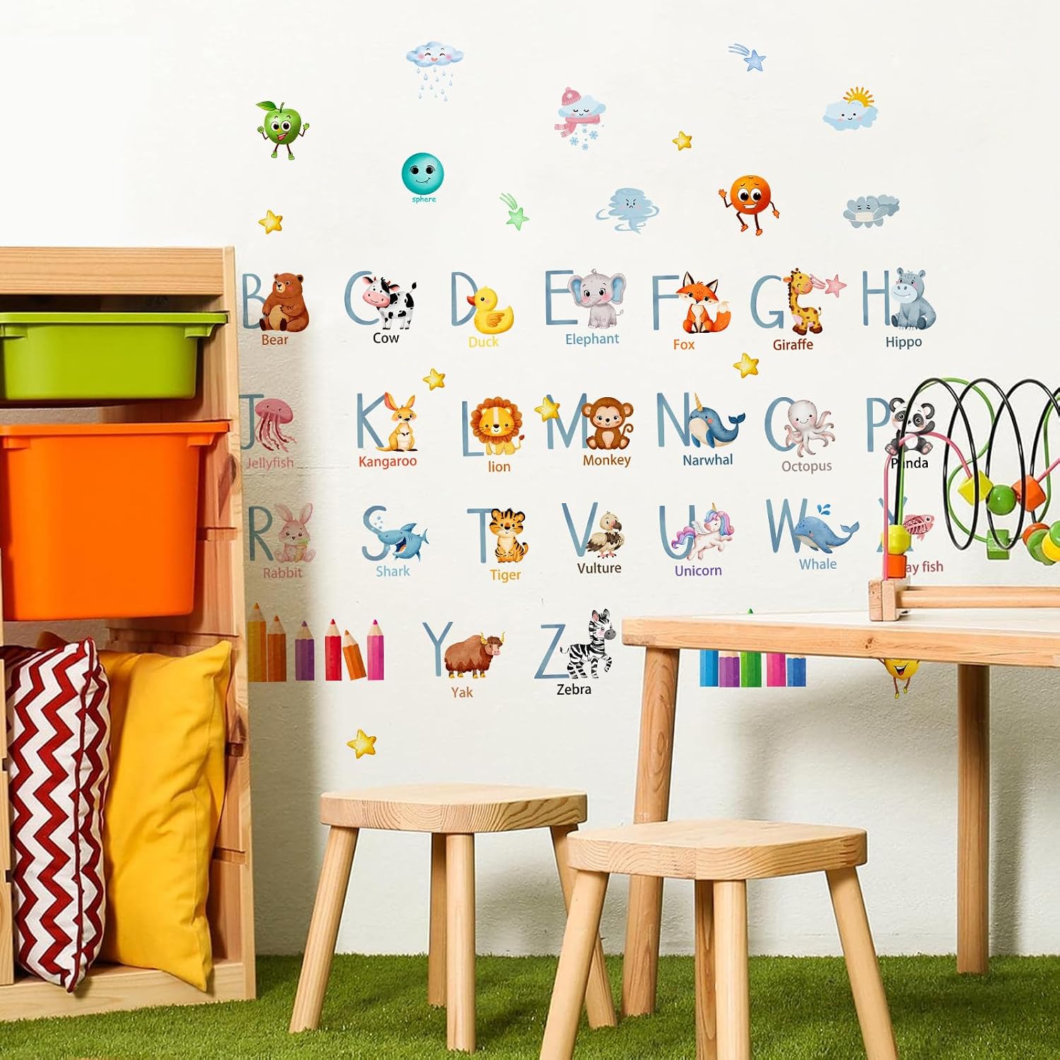 Animal Alphabet Wall Decals,64 Pcs Educational Learning Wall Stickers & Murals with ABC Letters Fruits Weather Shapes Wall Decals Peel and Stick Removable for Kids Nursery Playroom Classroom Decor