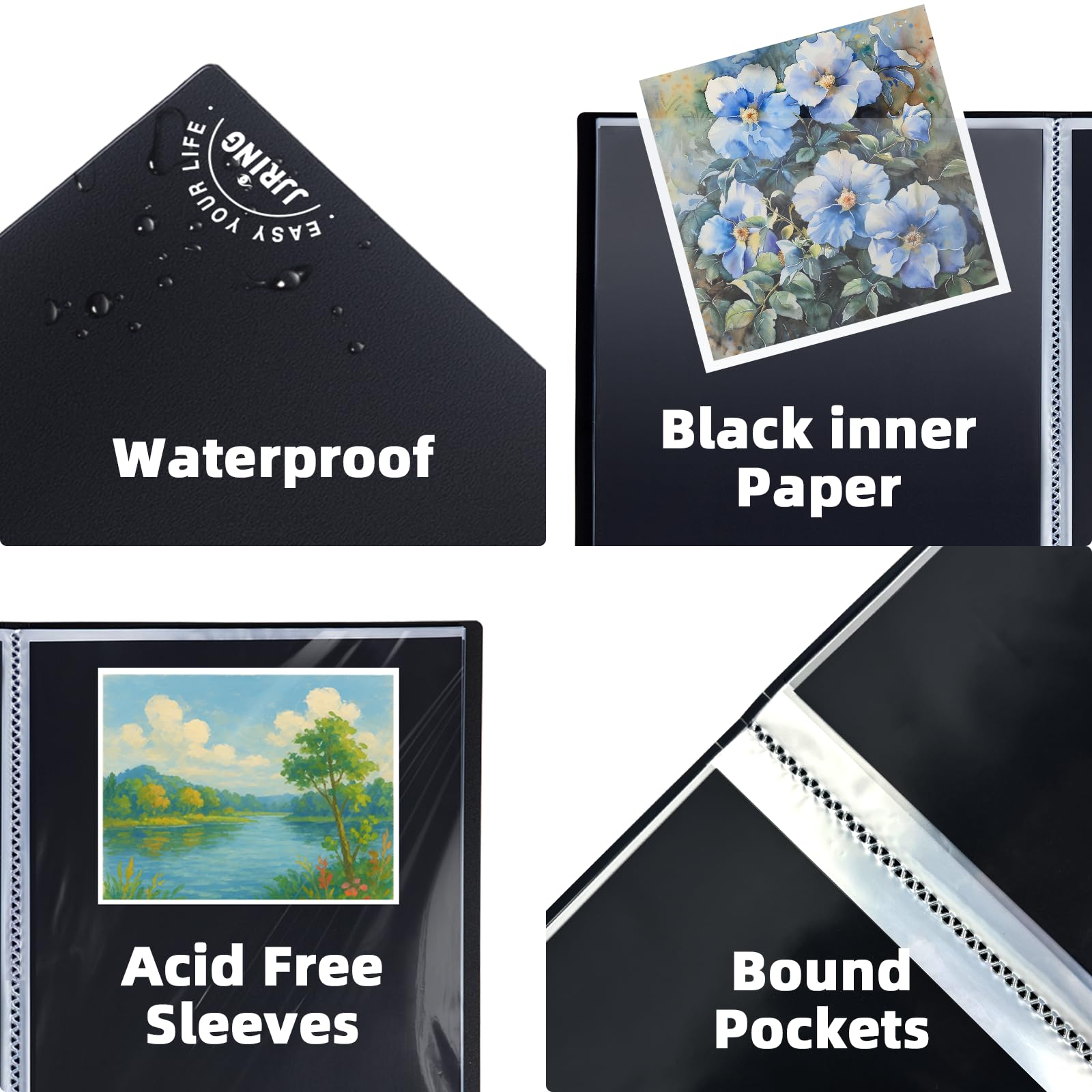 JJRING Cartellina portadocumenti con buste in plastica, 45 x 61 cm, raccoglitore a 24 tasche, 48 pagine, libro di presentazioni con carta interna nera, per riporre opere d'arte, nero