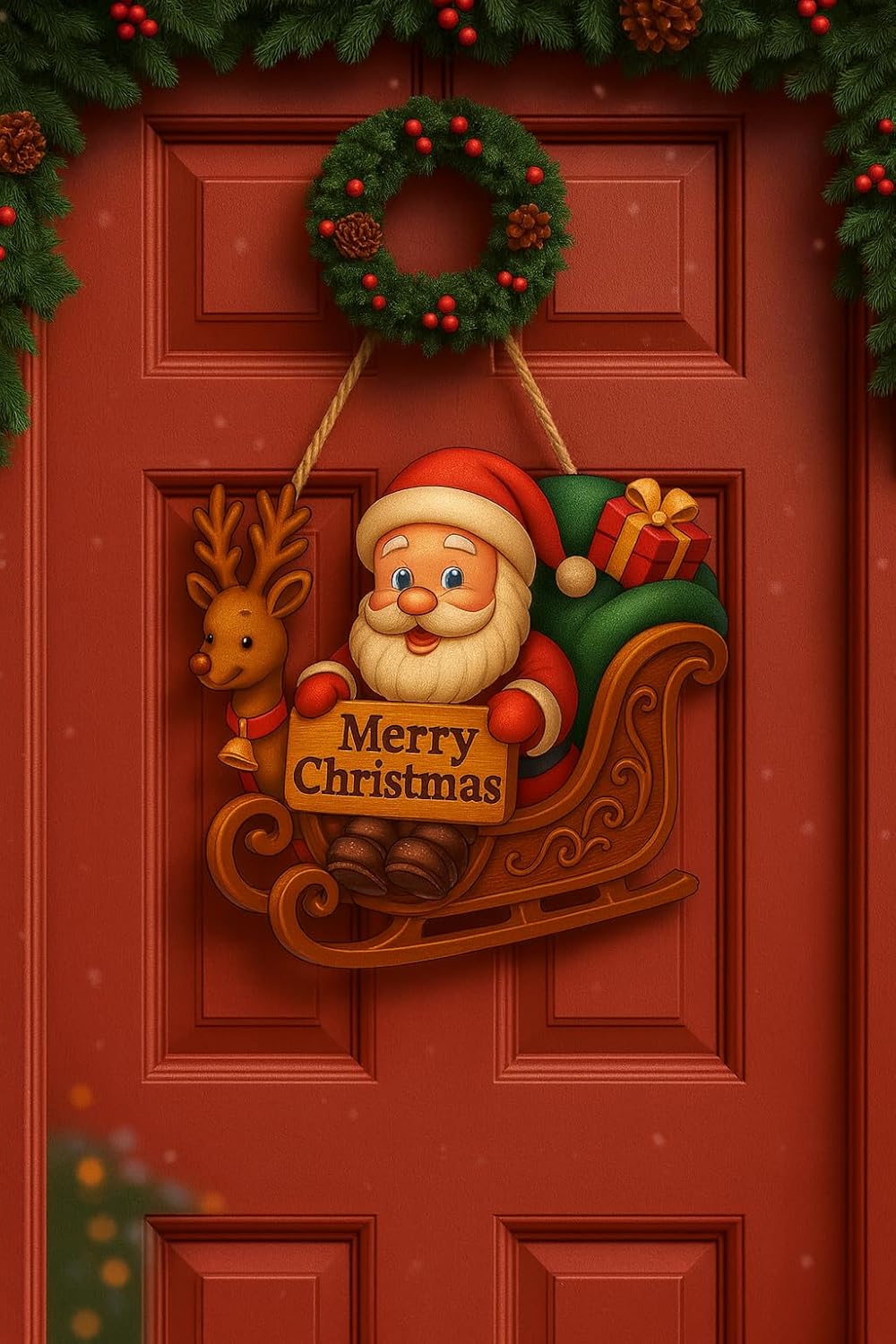 Noel Babalı Kızaklı Hediye Paketli Yılbaşı Geyikli Kapı Süsü Ahşap Noel Kapı Süsü Yılbaşı Mazemeleri Temalı Hediyeler (25-30 cm)