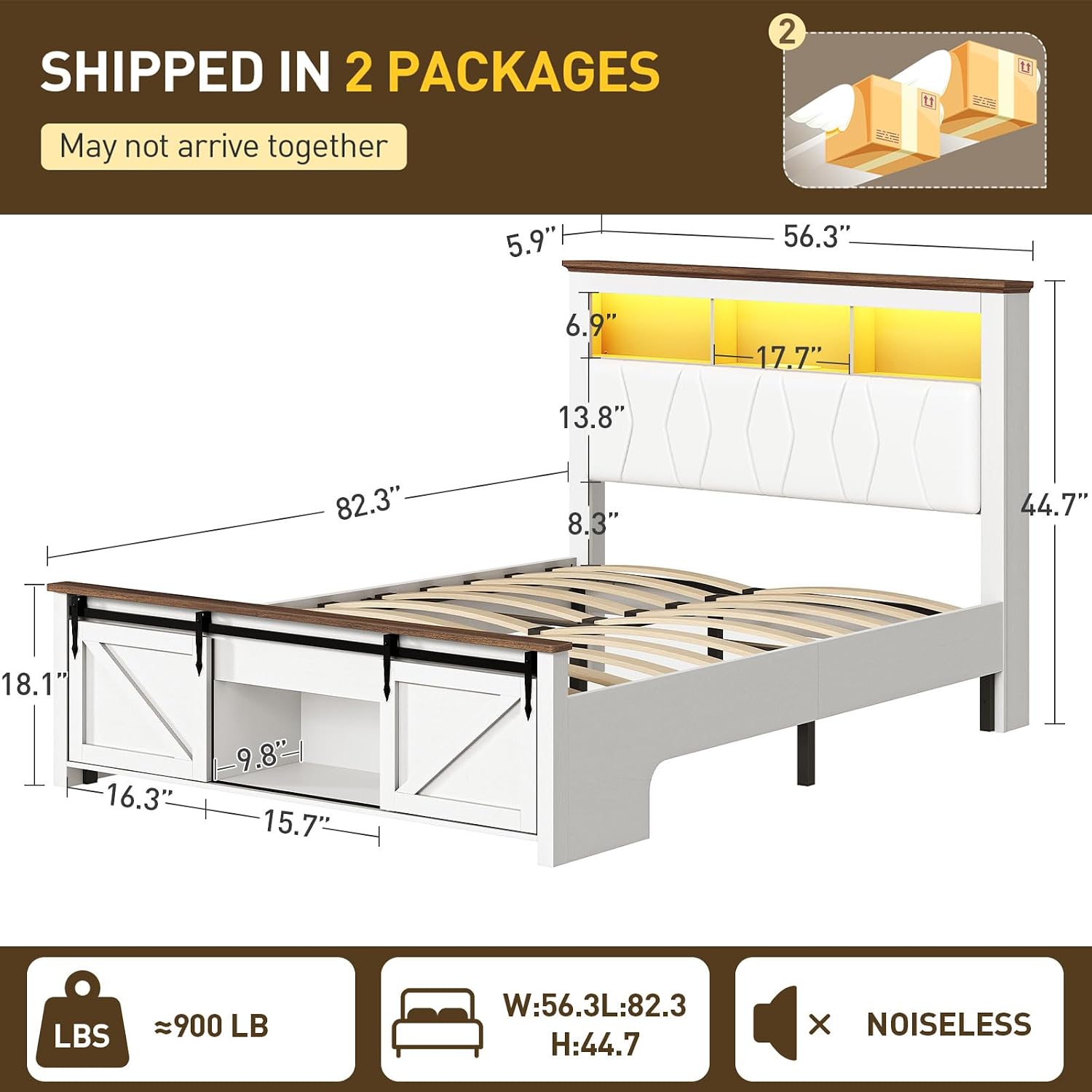 Farmhouse Full Size Bed Frame with Sliding Barn Door and Storage Bookcase, PU Leather Headboard with Charging Station and LED Light, Arc-Shaped Slats, No Box Spring Needed, No Noise, White and Walnut