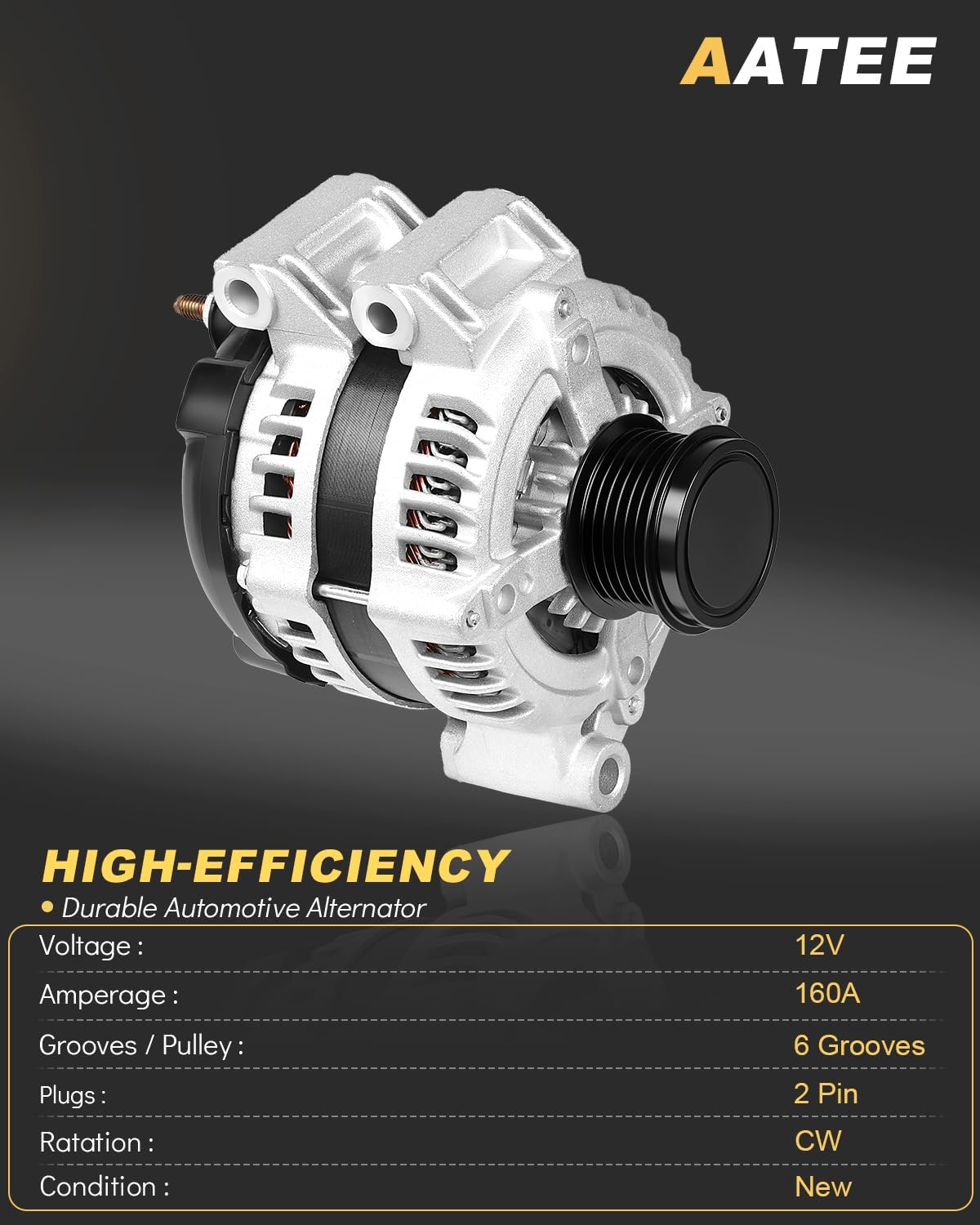 AATEE Upgraded Alternator for:-Dodge 2011-2020 Grand Caravan, 2011-2016 Journey, 2011-2014 Avenger, for:-Chrysler 2011-2016 200 Town & Country 3.6L V6 12V 160Amp CW 6-Groove Pulley OE# 04801624AD