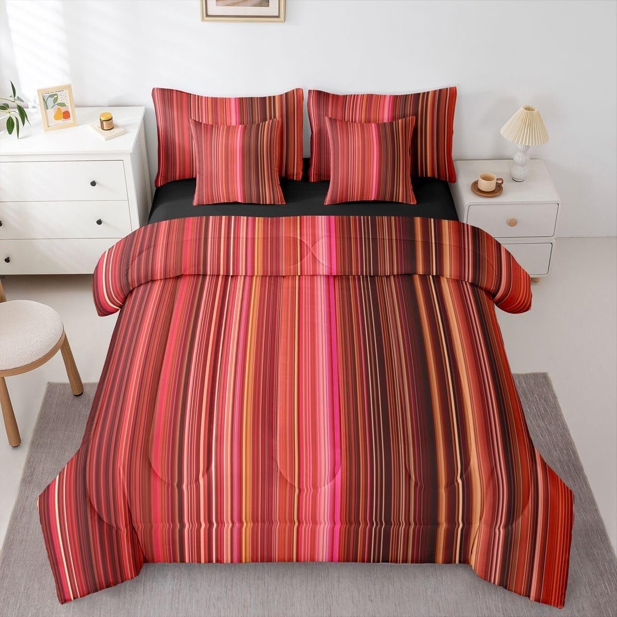 Couette 90x190 enfant rouge à rayures verticales avec 2 taies d'oreiller