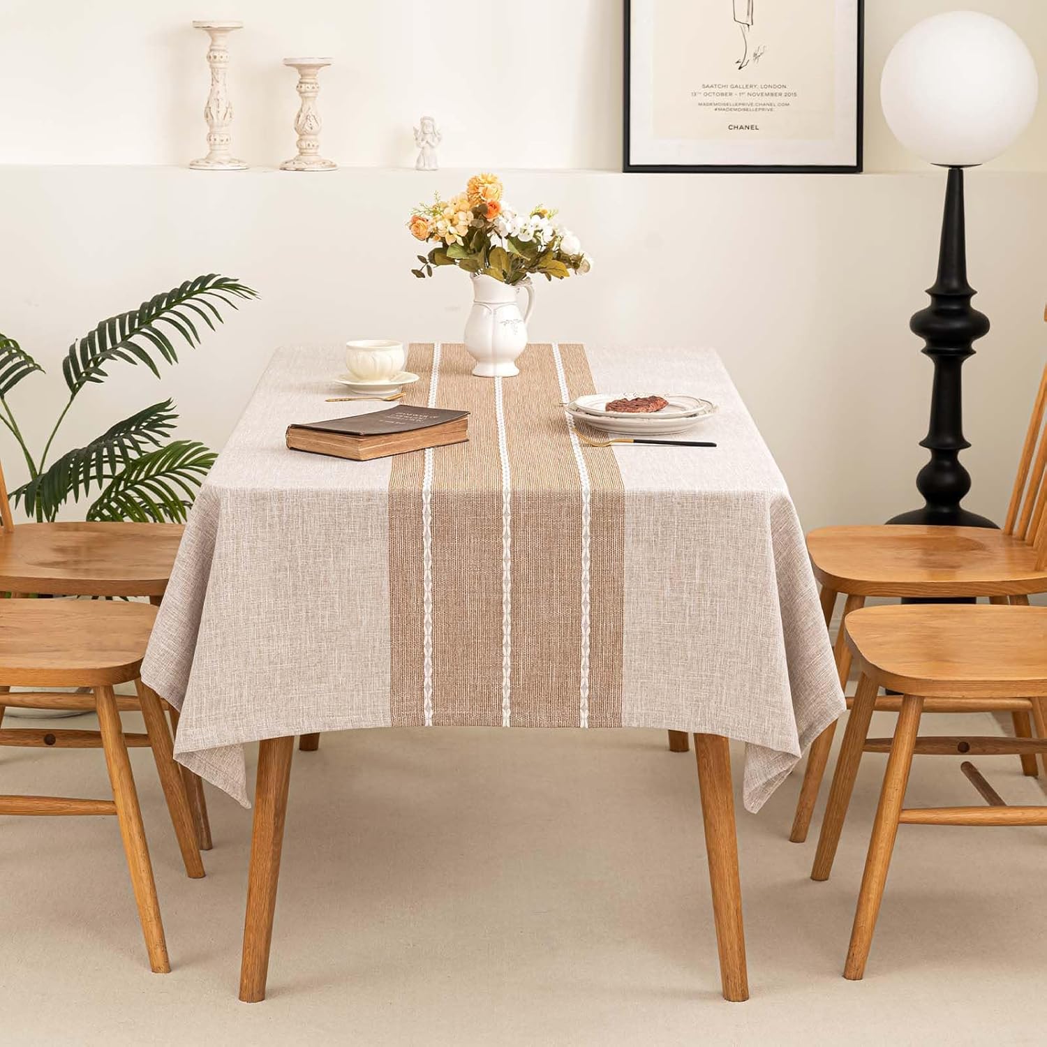 SIELUNO Table Cloth Rectangle Table Cloths Rustic Farmhouse Tablecloth Cotton Linen Waterproof Embroidery Fabric Table Cover for Indoor Outdoor Dinning Tabletop Decoration-Striped Coffee-54 x102