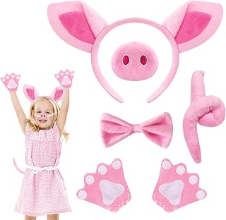 5 Pcs Pink Pig Costume Set,Fuzzy Pig Ears Nose Tail Gloves Bowtie Kit,Animal Costumes for Kids,Halloween Cosplay,Dress Up Party