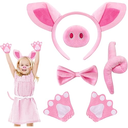 5 Pcs Pink Pig Costume Set,Fuzzy Pig Ears Nose Tail Gloves Bowtie Kit,Animal Costumes for Kids,Halloween Cosplay,Dress Up Party