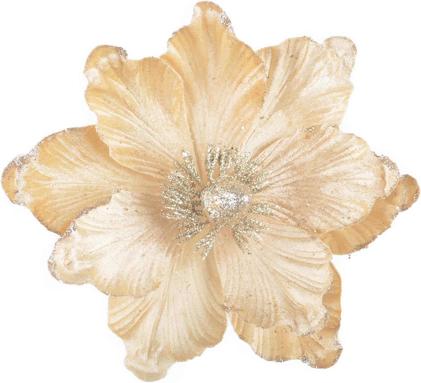 GL-Turelifes Glitter Christmas Flowers Large Velvet Magnolia Artificial Floral Ornaments Pack of 6 Folded Flower for Christmas Tree Decoration Wreath Decor Wedding Centerpiece (Champagne)