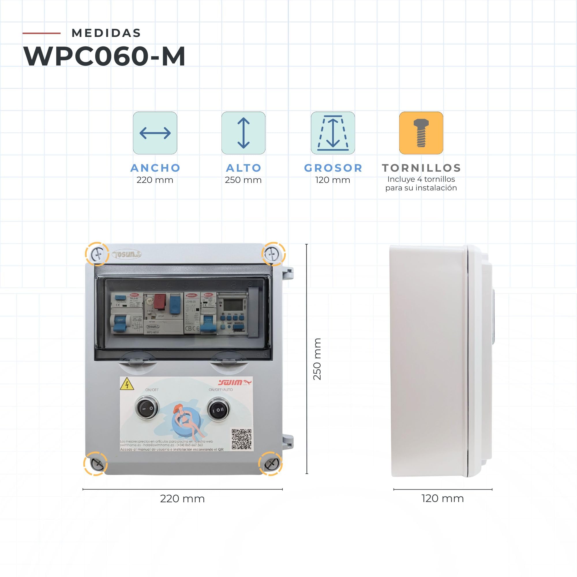 Tosun Cuadro Eléctrico Piscina, Transformador 60W 12V DC, Control WiFi y Reloj, para Bomba 0,5 CV, Gris