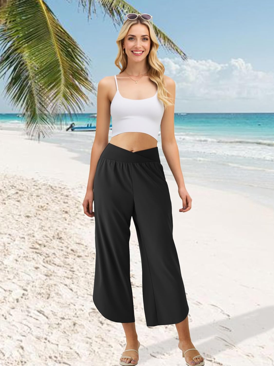 Wide Leg Capri Pants for Women Crossover High Waist Casual Palazzo Slacks Summer Beach Vacation Clothes with Pockets - Image 3