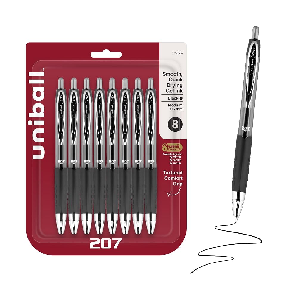 uniball™ 207 Gel Pens, Black Ink, 0.7mm Medium Point, Retractable, 8 Count